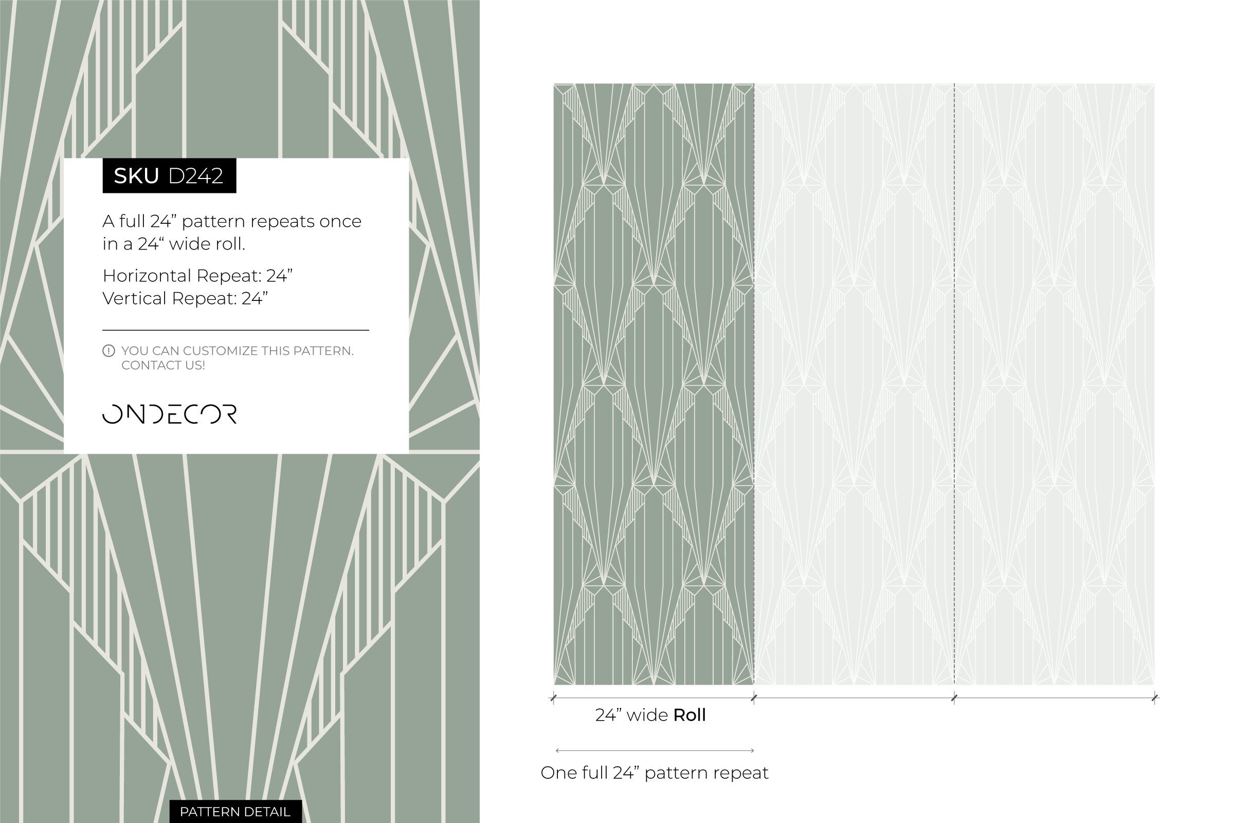 Art Deco Wallpaper With A Symmetrical Fan Motif In Sage Green And Cream - D242
