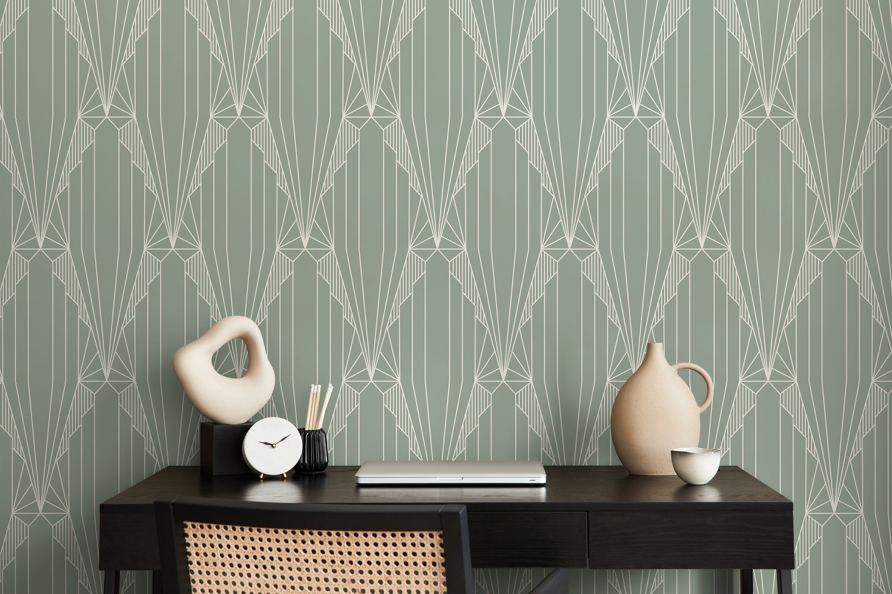 Art Deco Wallpaper With A Symmetrical Fan Motif In Sage Green And Cream - D242