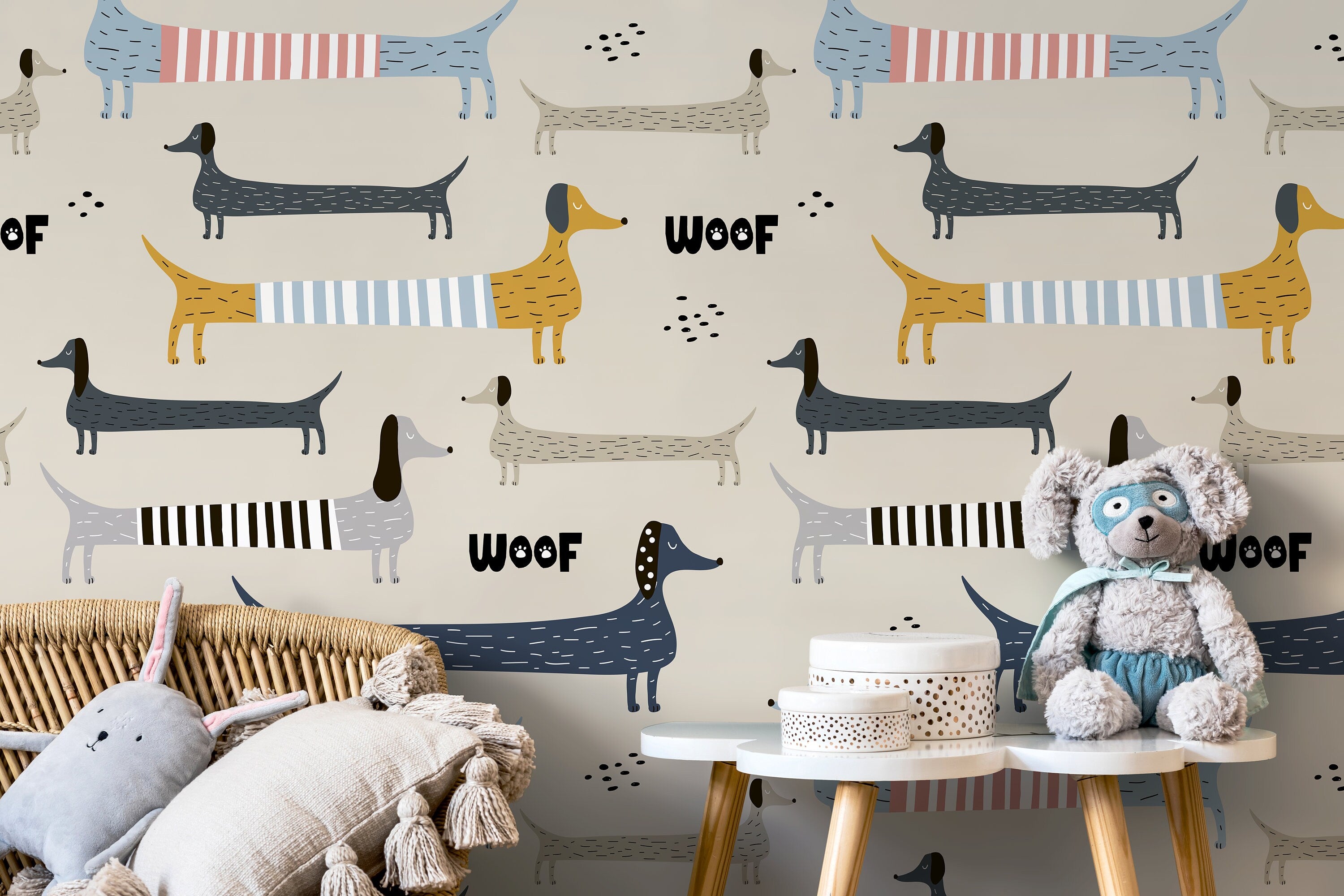 Kids Wallpaper With A Whimsical Dachshund Motif In Blue, Yellow, And Grey - D101