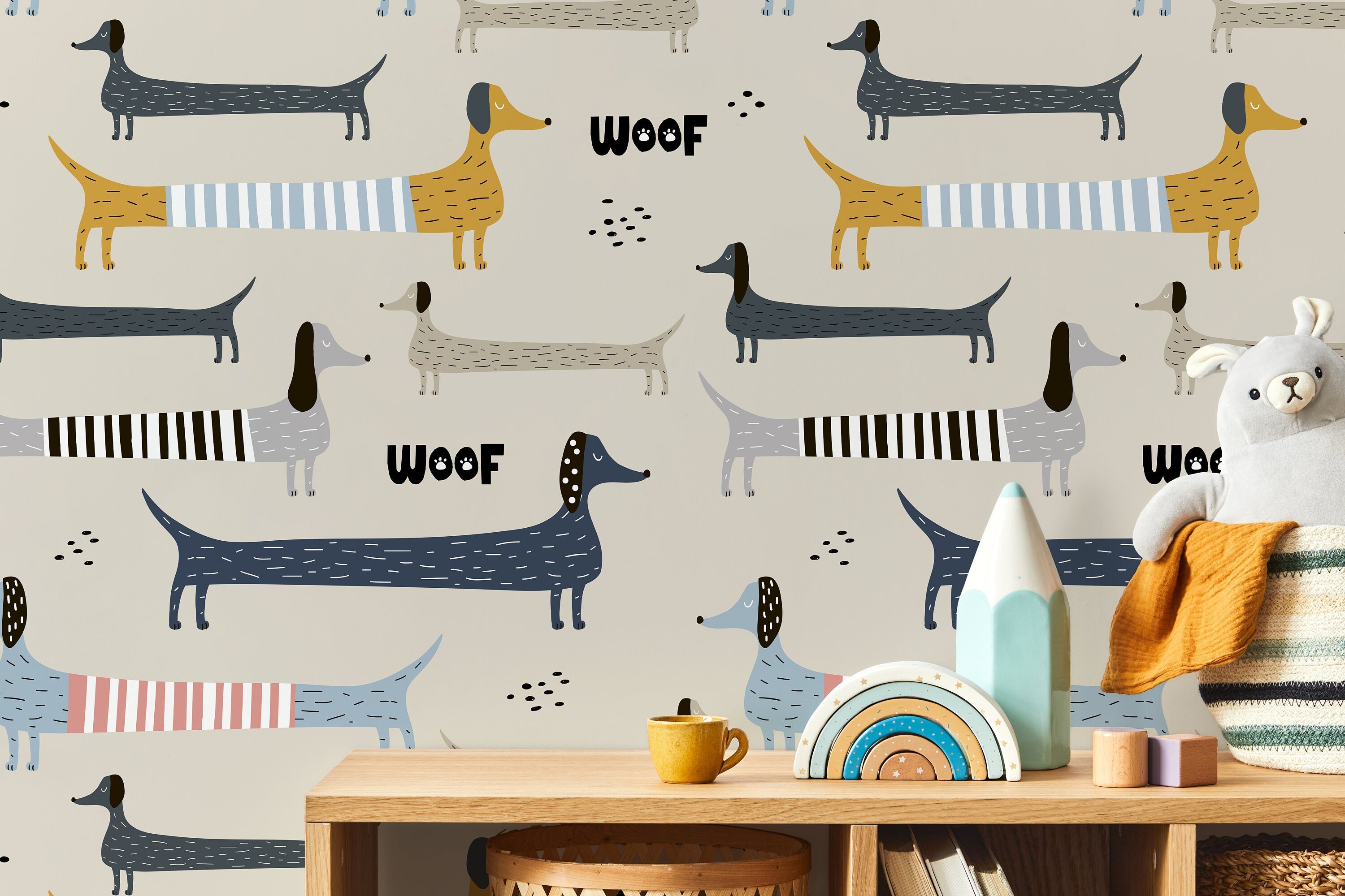 Kids Wallpaper With A Whimsical Dachshund Motif In Blue, Yellow, And Grey - D101