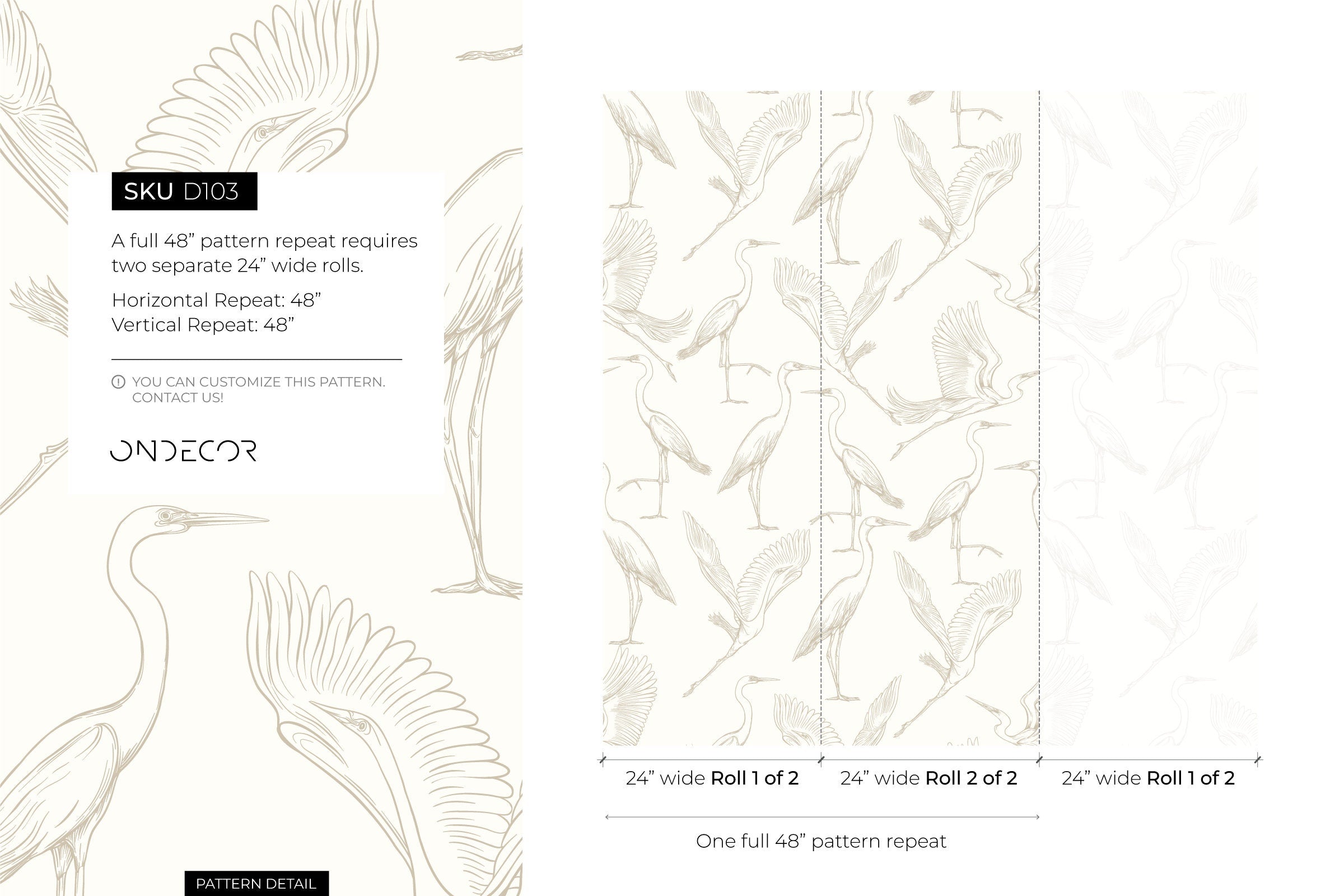 Bird Wallpaper With Elegant Crane Illustrations In Cream And Beige - D103