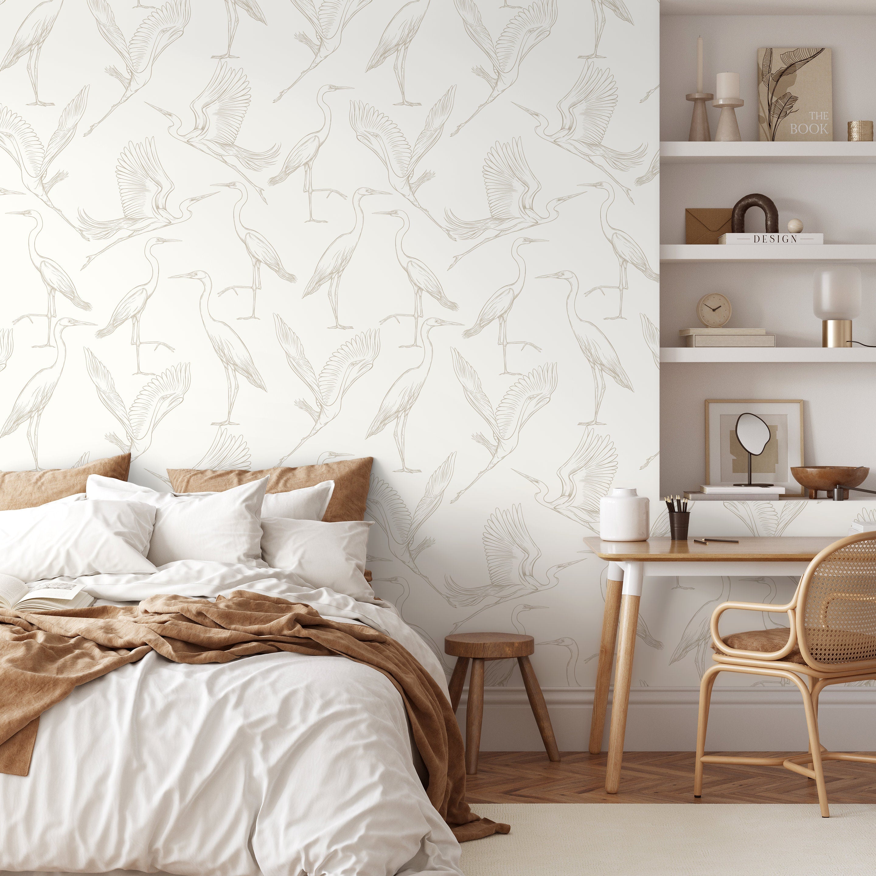 Bird Wallpaper With Elegant Crane Illustrations In Cream And Beige - D103