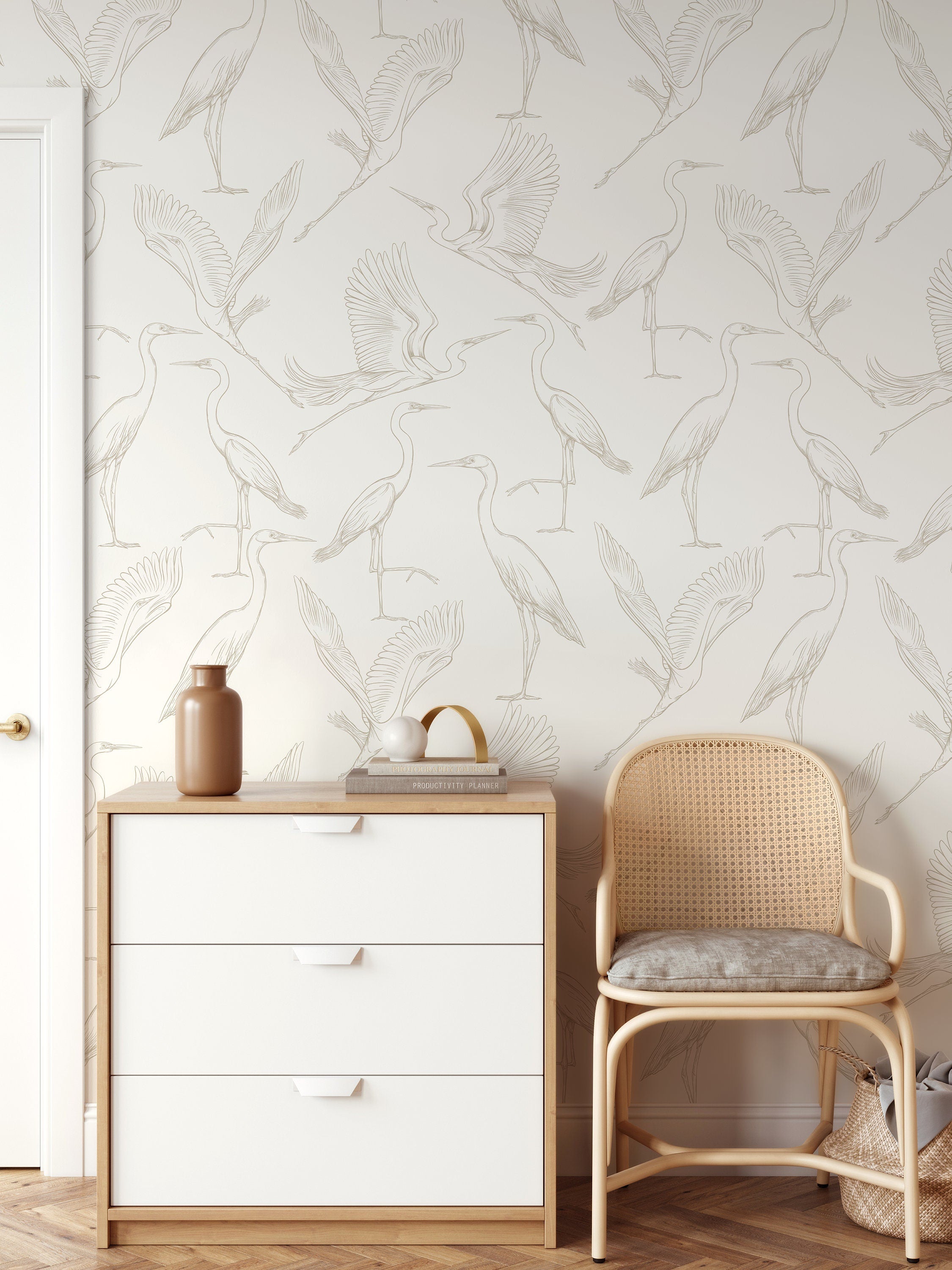 Bird Wallpaper With Elegant Crane Illustrations In Cream And Beige - D103