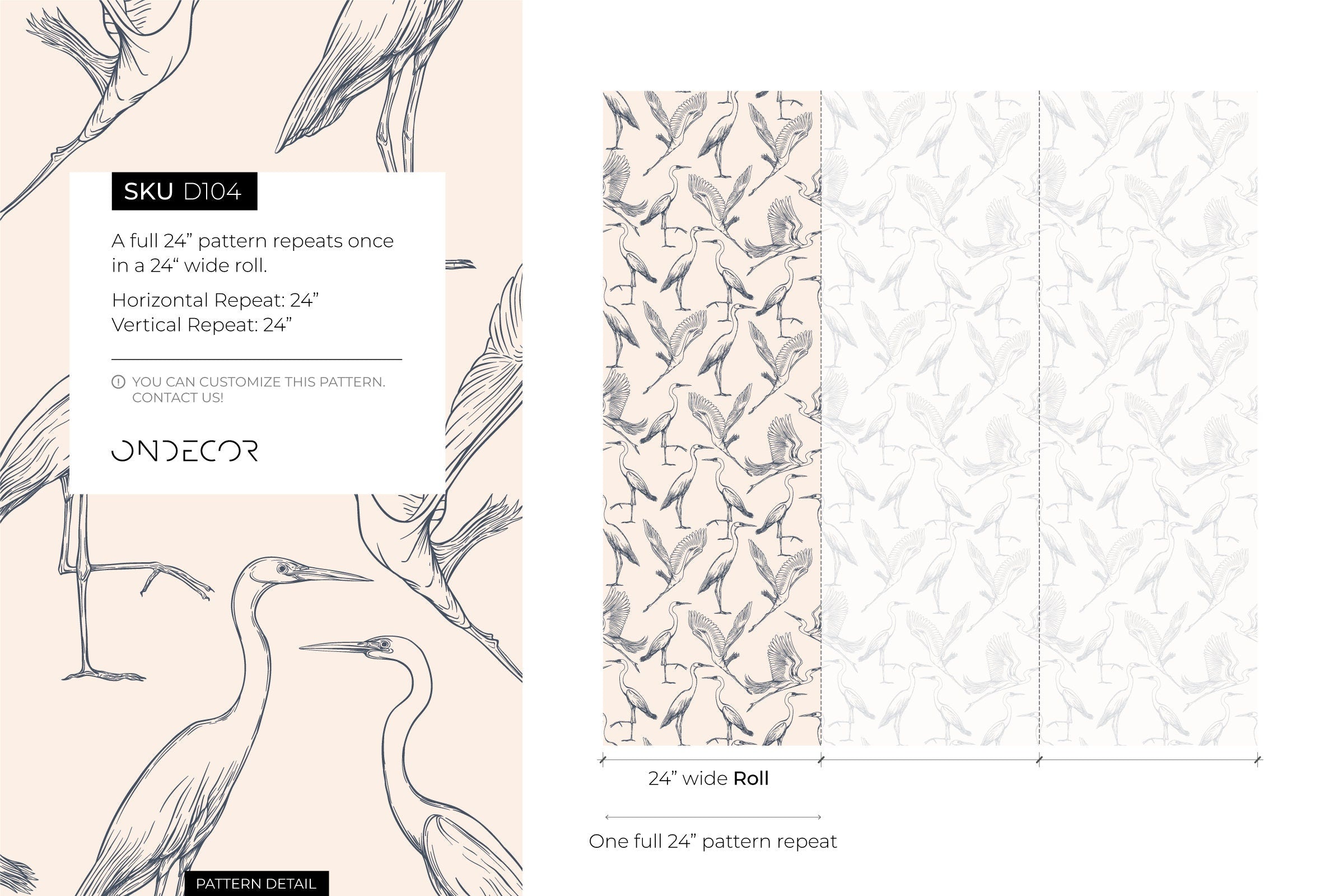 Chinoiserie Wallpaper With A Graceful Crane Motif In Navy Blue And Beige - D104