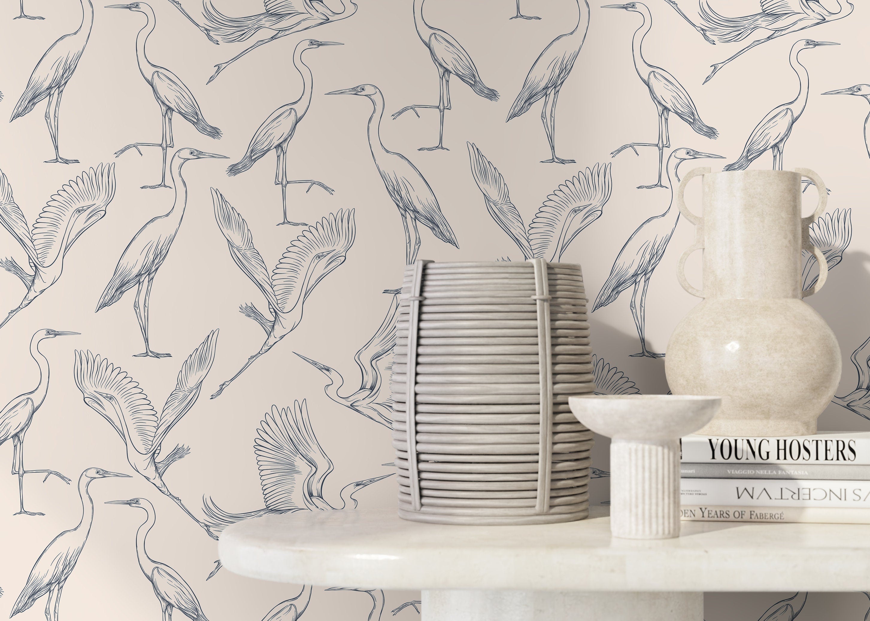 Chinoiserie Wallpaper With A Graceful Crane Motif In Navy Blue And Beige - D104