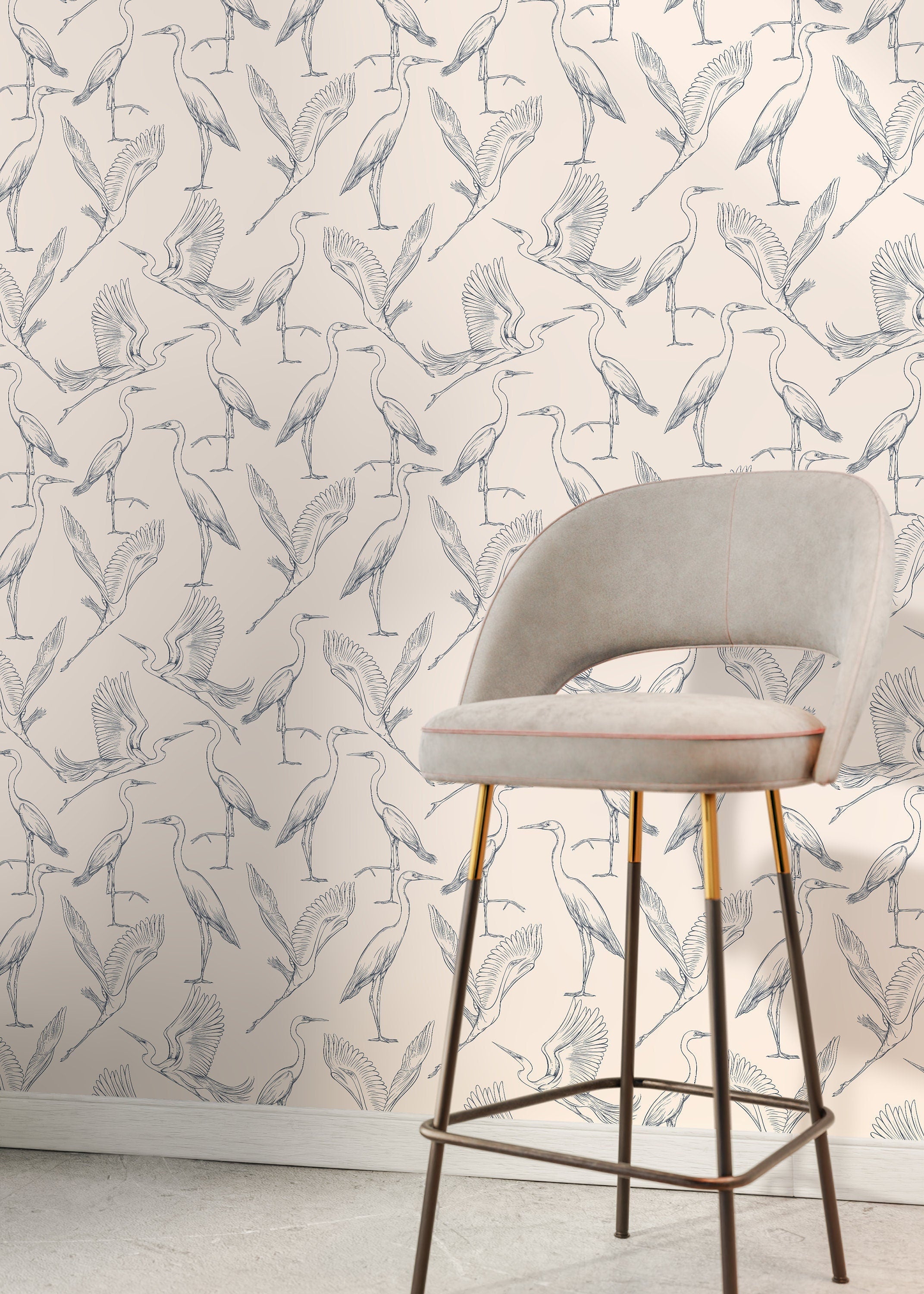 Chinoiserie Wallpaper With A Graceful Crane Motif In Navy Blue And Beige - D104