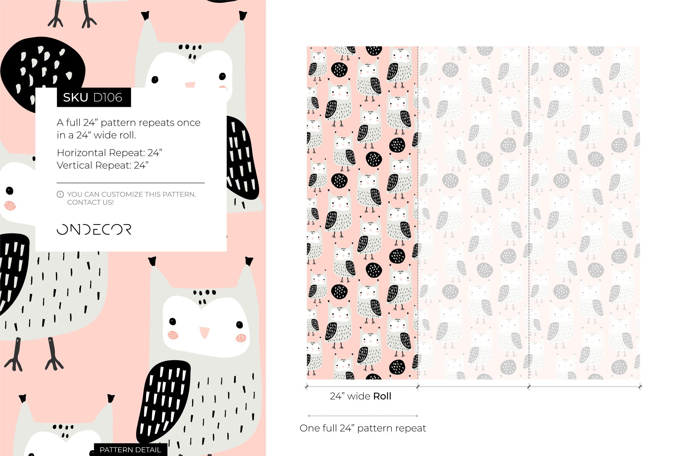 Nursery Wallpaper With A Scandinavian Owl Motif In Pink, Gray, And Black - D106
