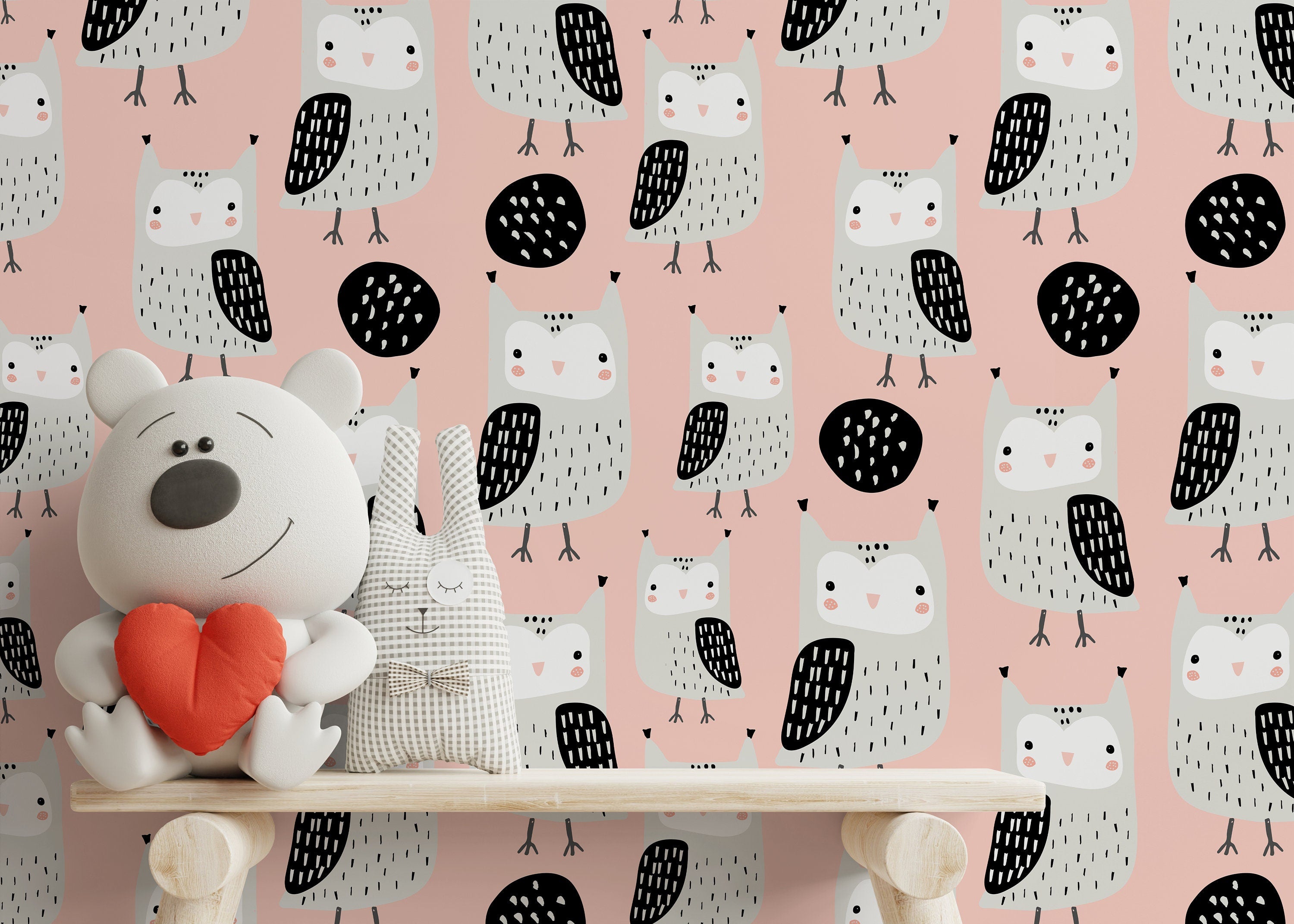 Nursery Wallpaper With A Scandinavian Owl Motif In Pink, Gray, And Black - D106