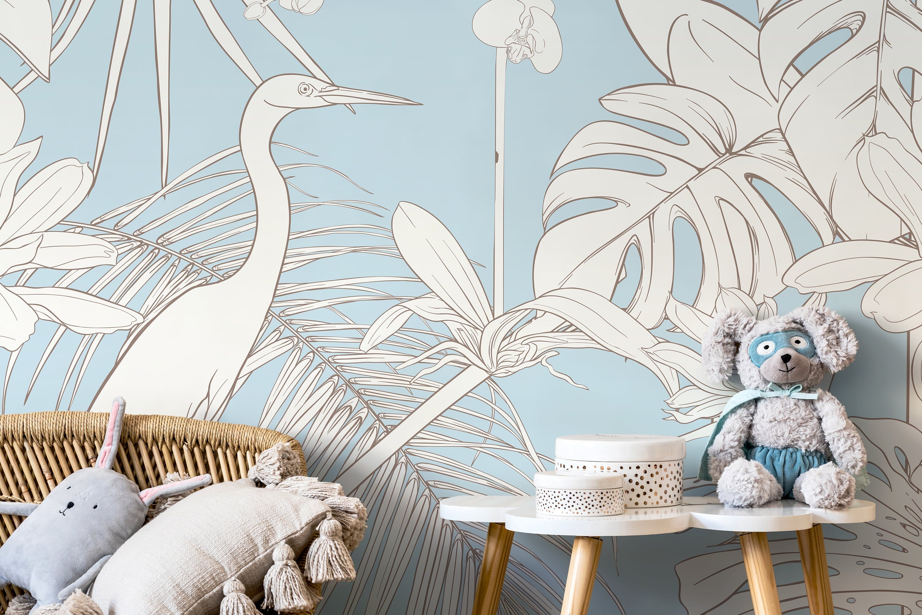 Chinoiserie Wallpaper With Cranes And Tropical Botanicals In Light Blue - D107