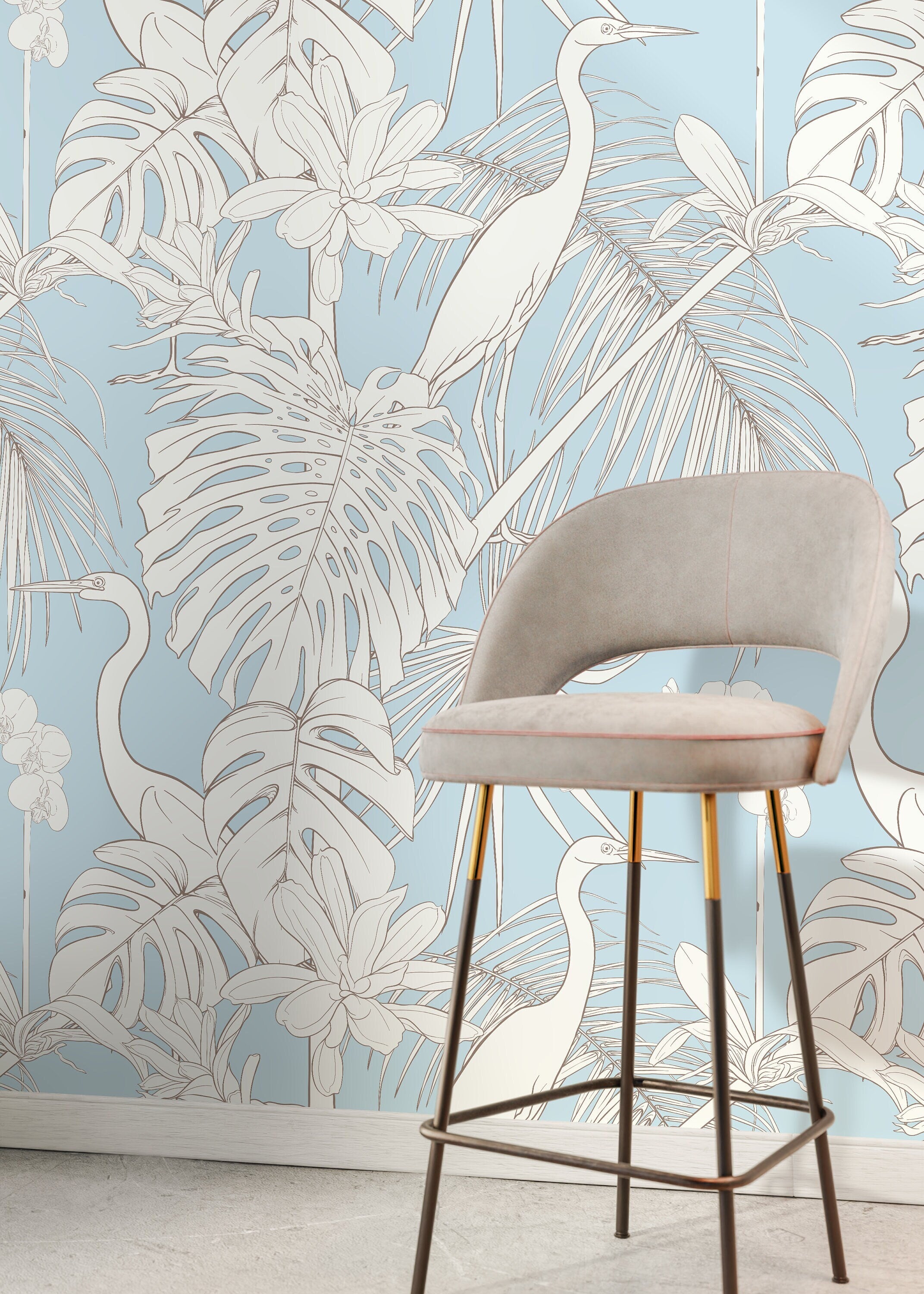 Chinoiserie Wallpaper With Cranes And Tropical Botanicals In Light Blue - D107