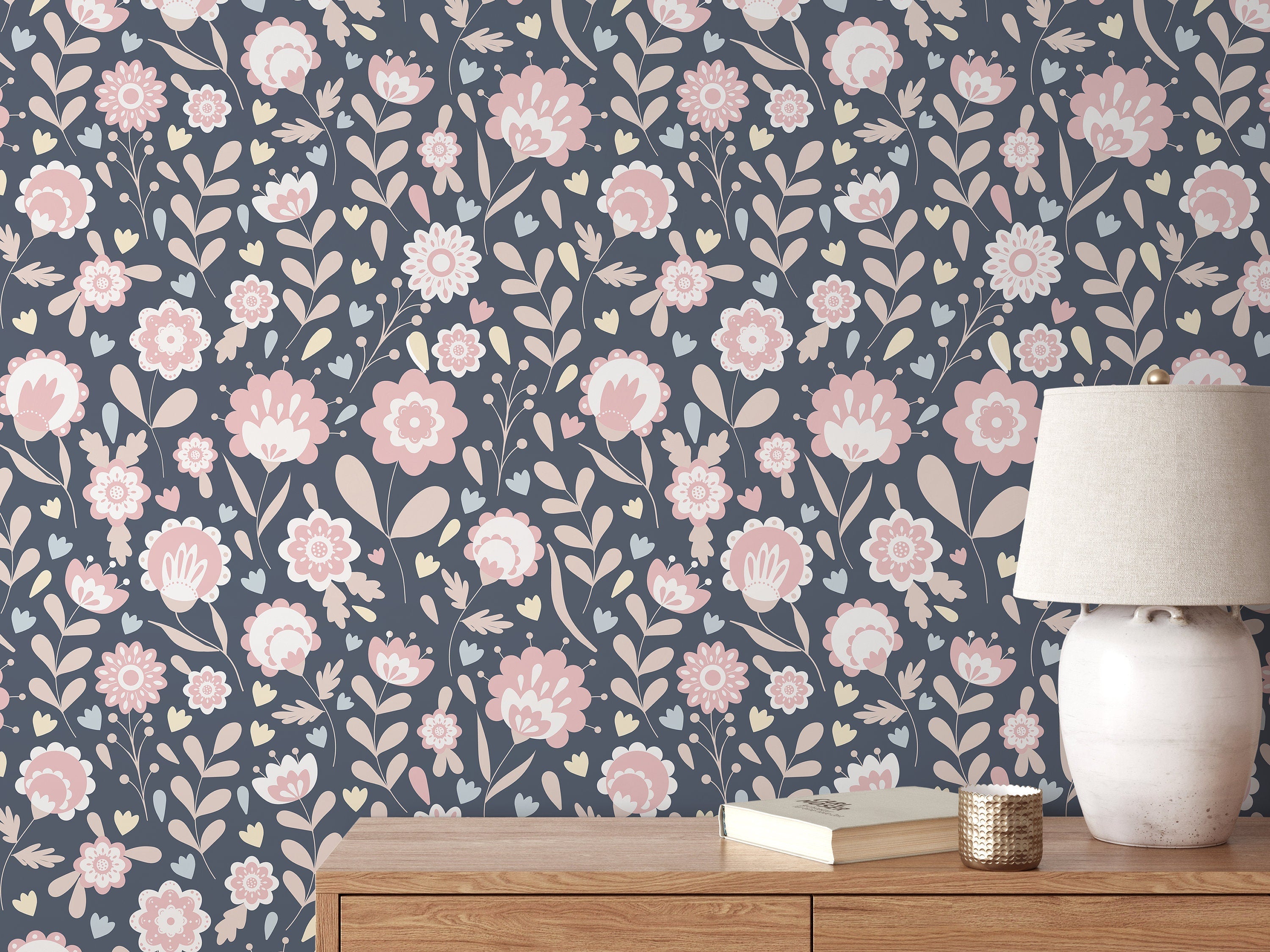 Scandinavian Wallpaper Featuring Stylized Folk Art Flowers In Pink, Blue, And Cream - D108