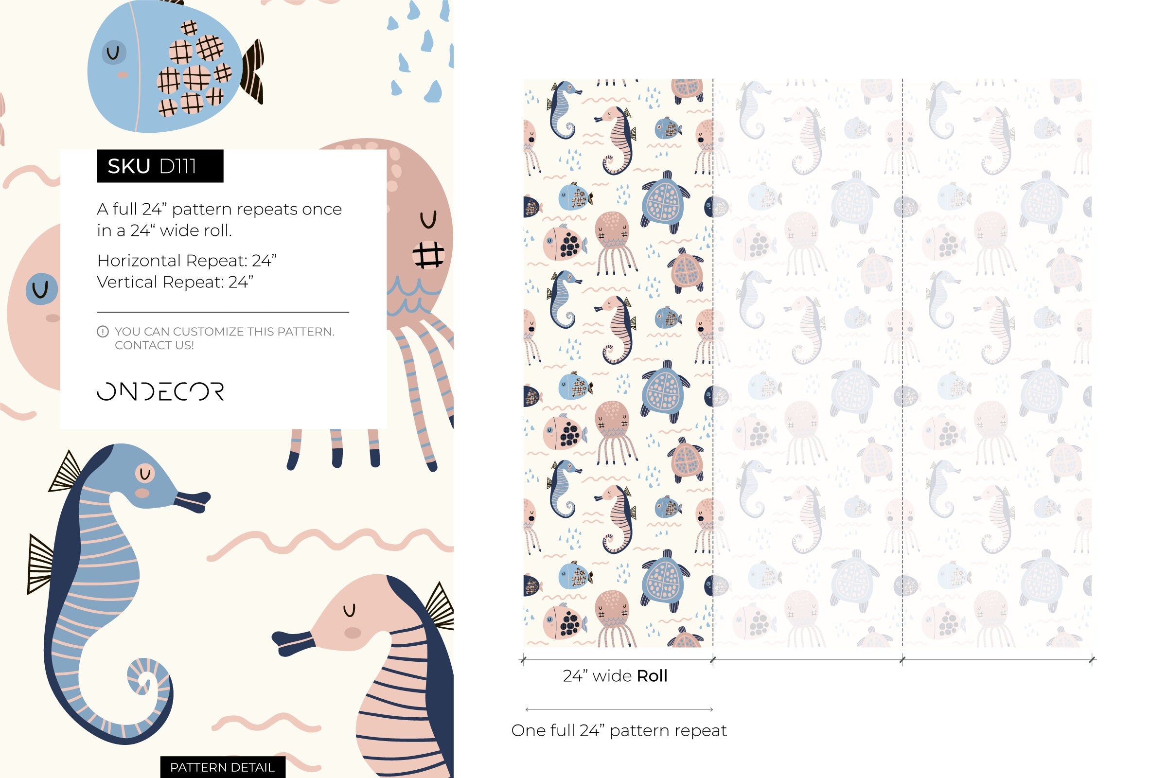 Ocean Wallpaper Featuring Cute Sea Animals In Pink, Blue, And Navy - D111