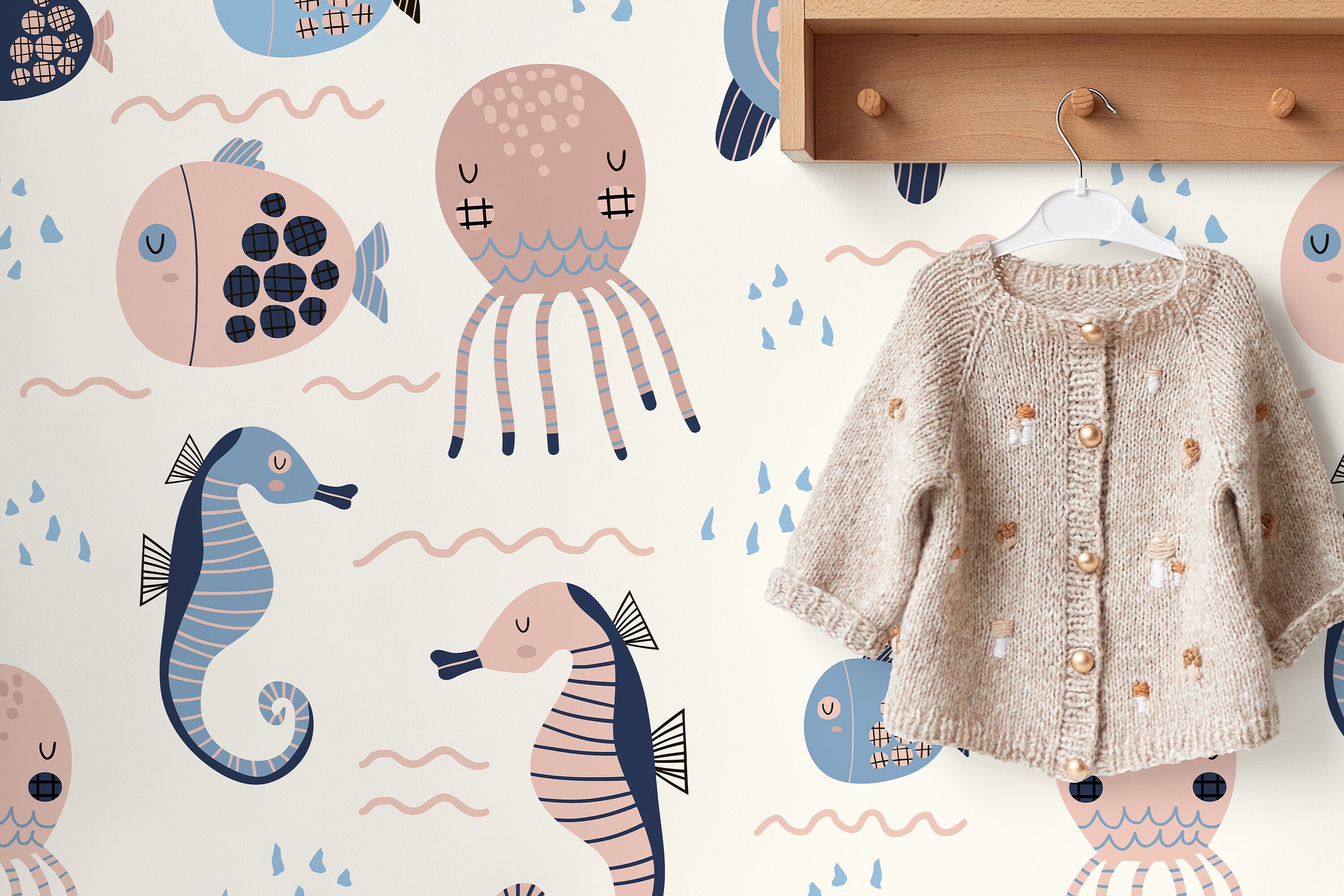 Ocean Wallpaper Featuring Cute Sea Animals In Pink, Blue, And Navy - D111