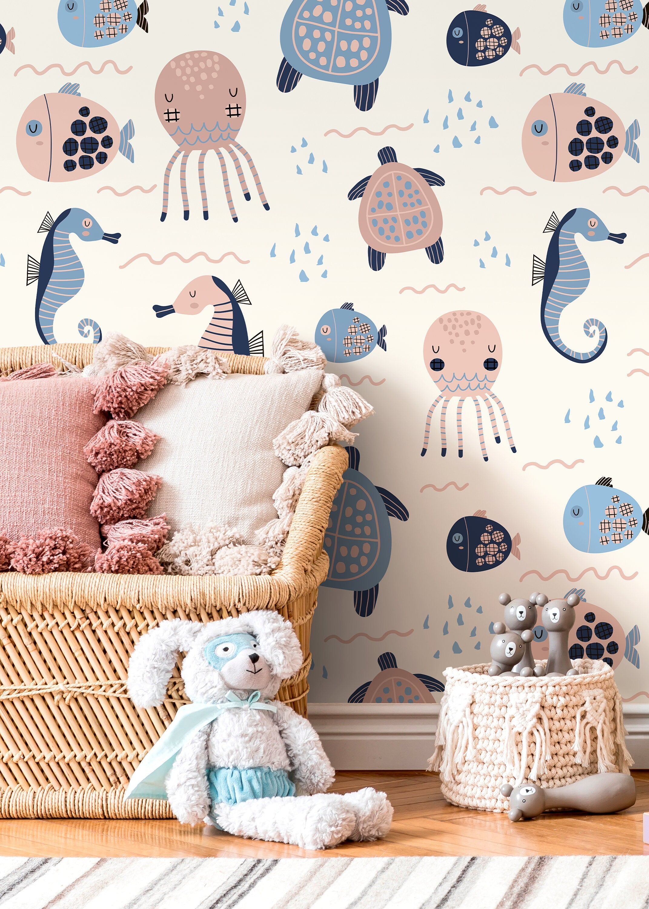 Ocean Wallpaper Featuring Cute Sea Animals In Pink, Blue, And Navy - D111