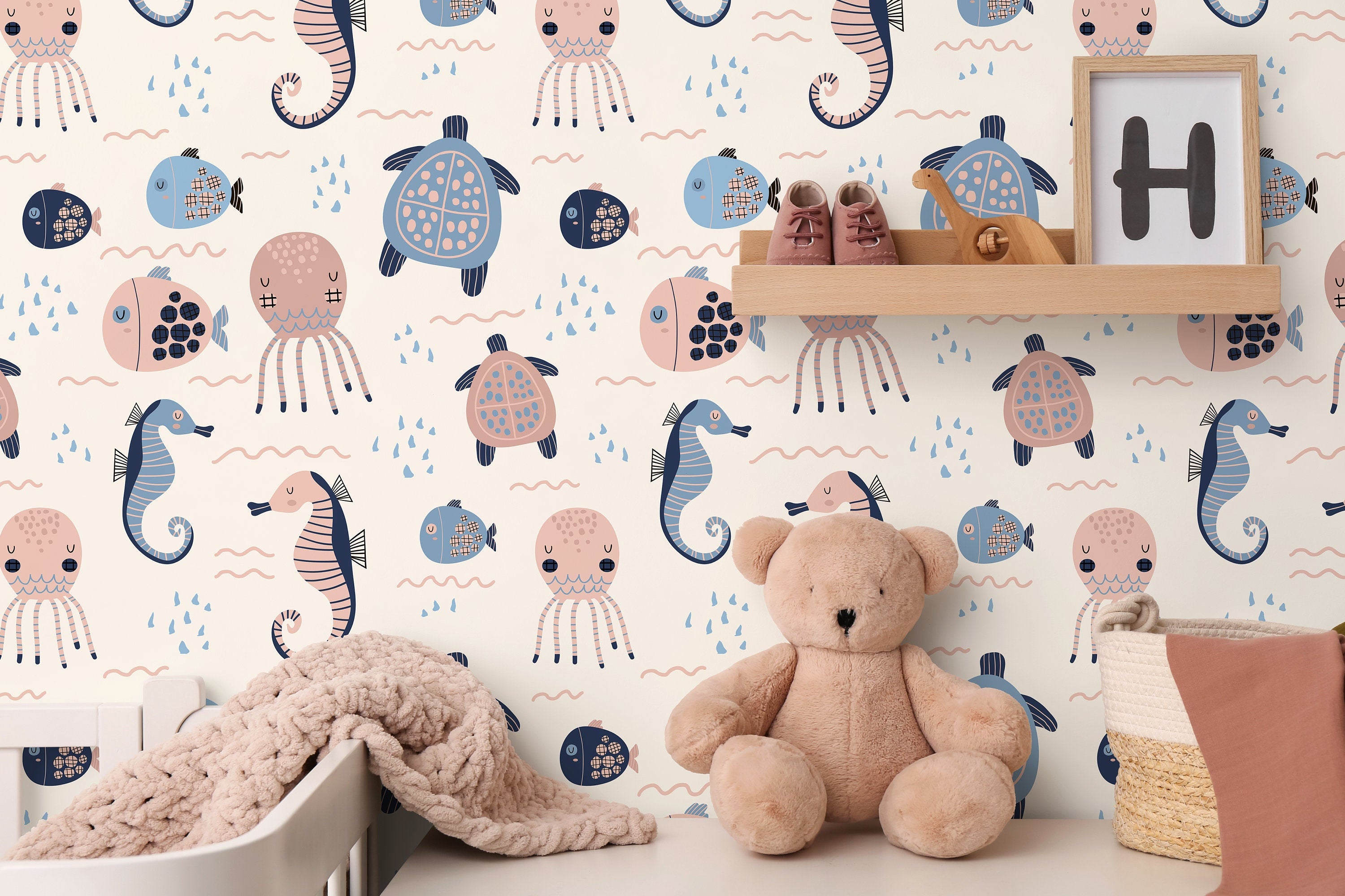 Ocean Wallpaper Featuring Cute Sea Animals In Pink, Blue, And Navy - D111