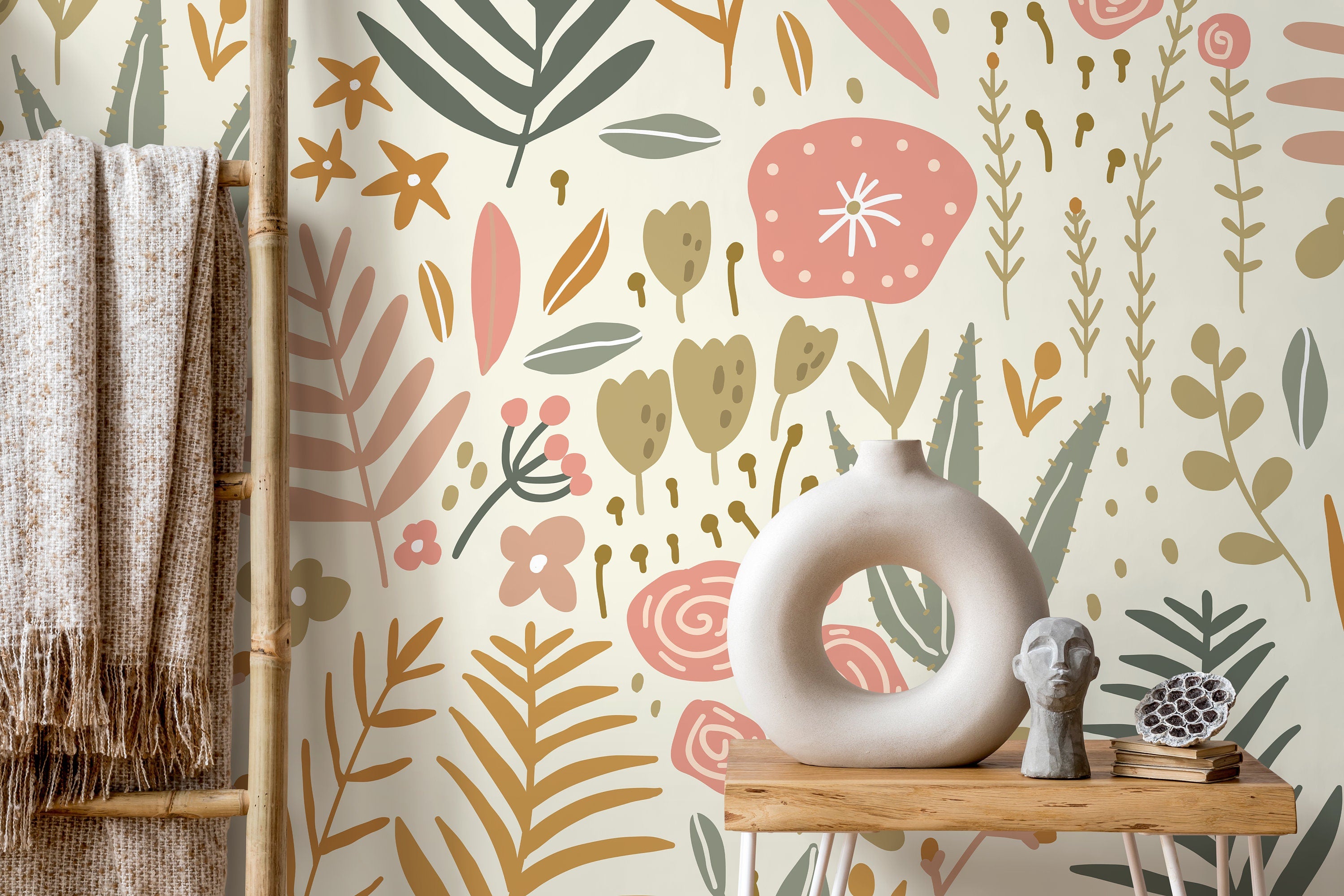 Botanical Wallpaper With Boho Garden Florals In Pink, Green, And Ochre - D116