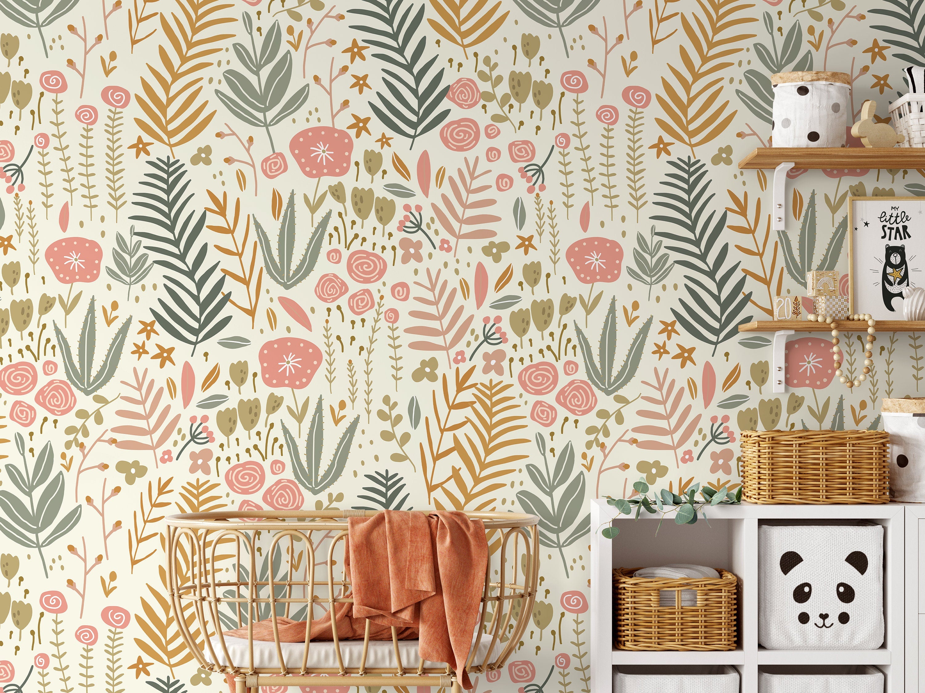 Botanical Wallpaper With Boho Garden Florals In Pink, Green, And Ochre - D116