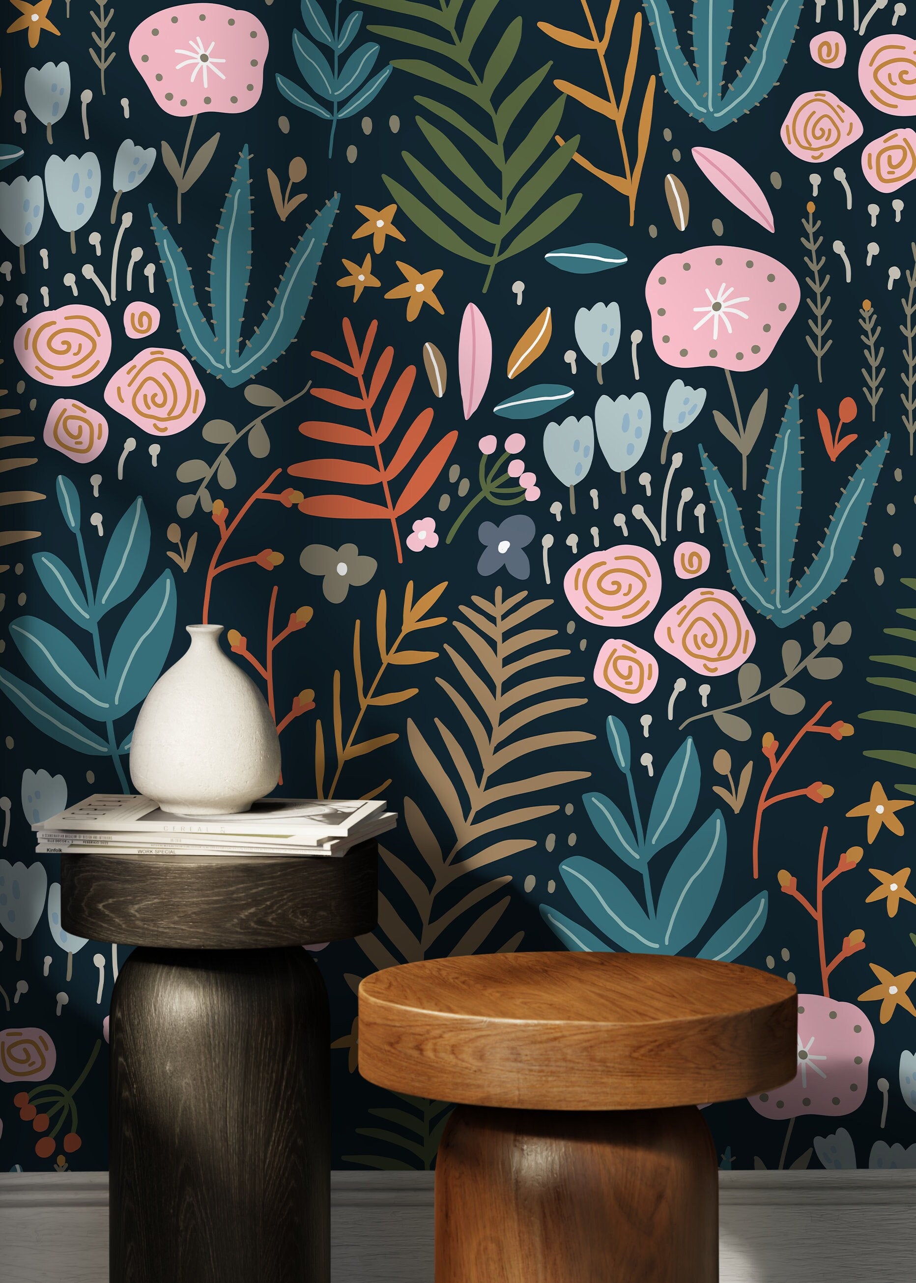 Floral Wallpaper With Whimsical Wildflowers In Pink, Teal, And Orange - D117