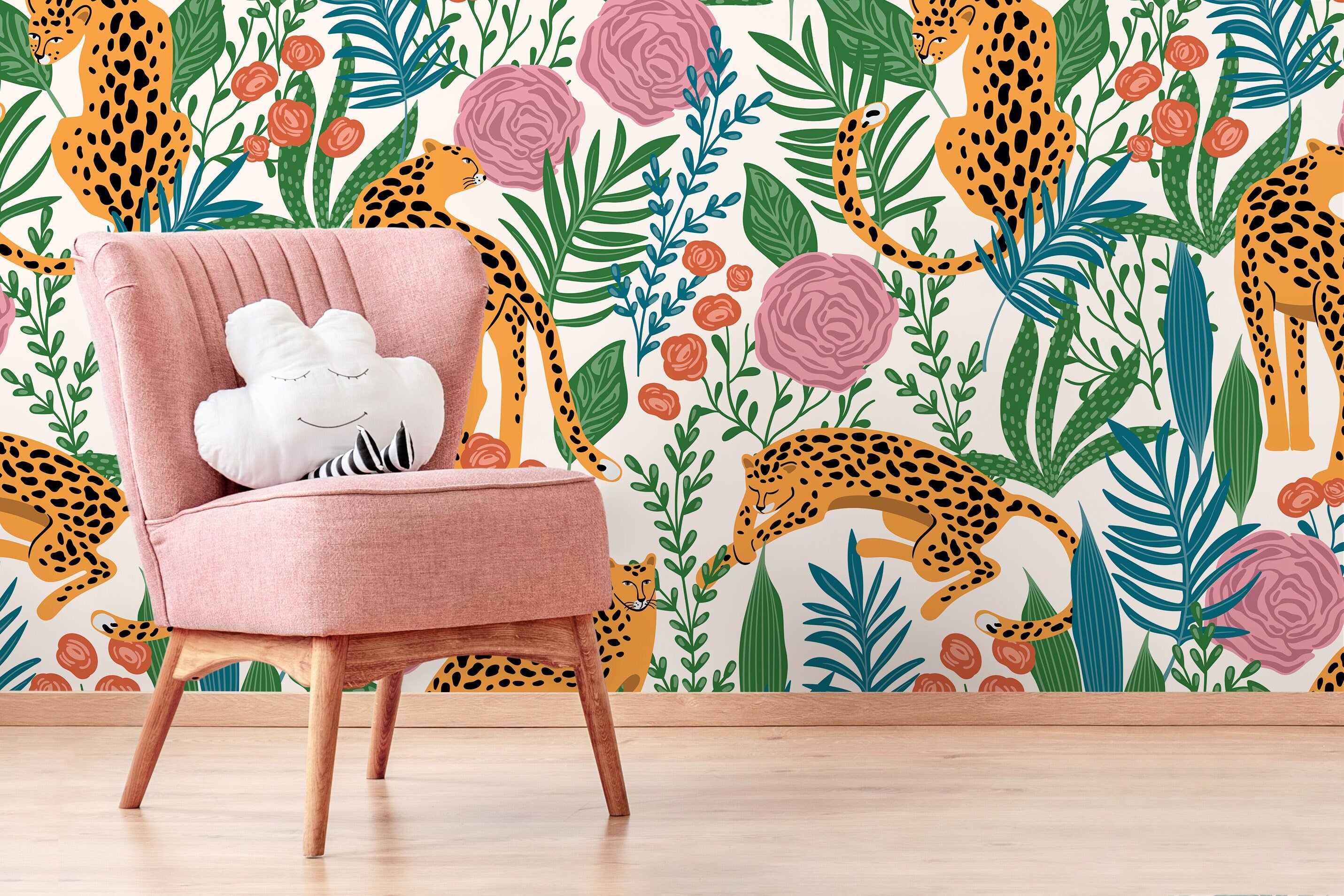 Jungle Wallpaper With Tigers And Floral Motifs In Orange, Pink, And Green - D157