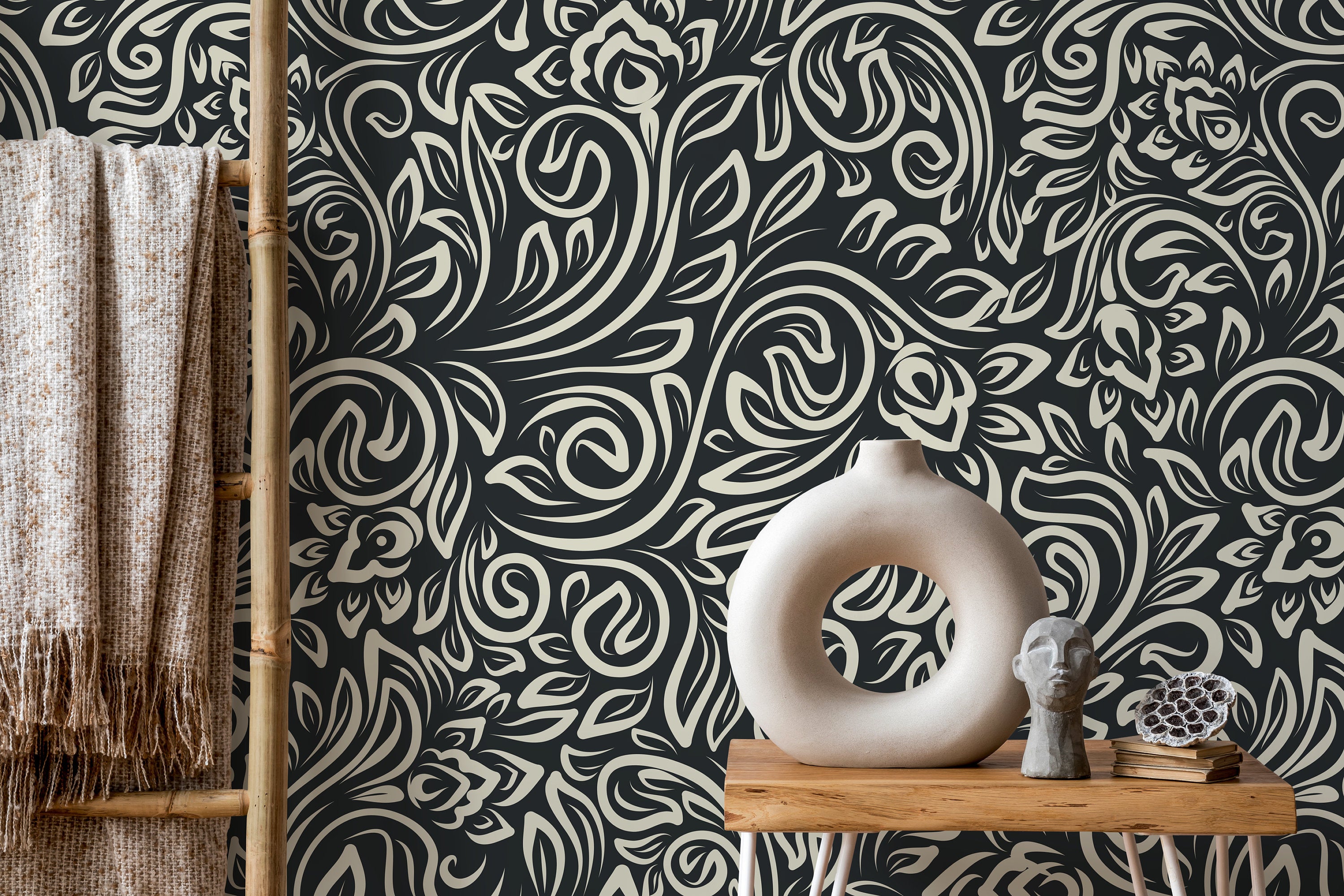 Floral Wallpaper With A Stylized Damask Motif In Black And Cream - D158