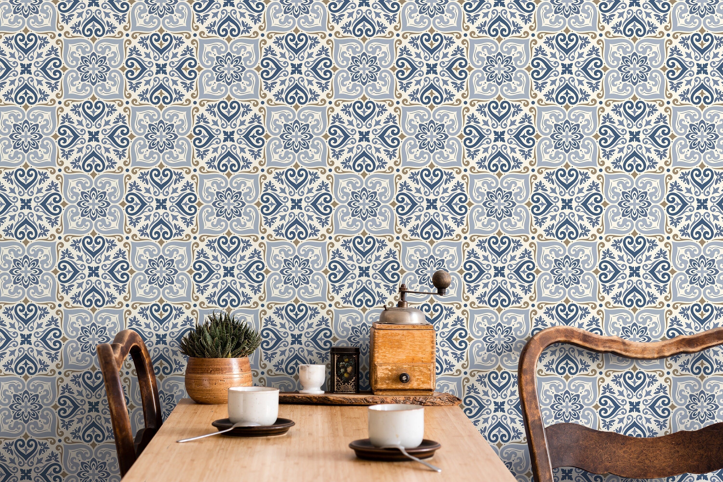 Moroccan Wallpaper With A Traditional Tile Motif In Blue And Brown - D162