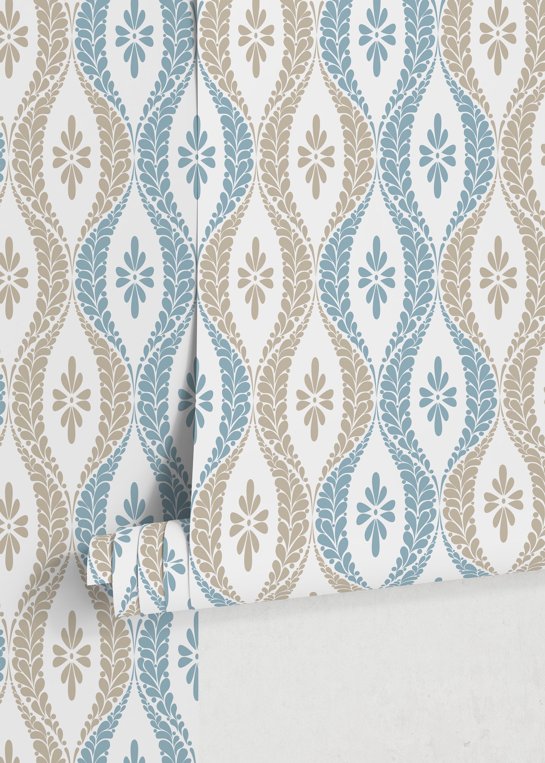 Vintage Wallpaper With A Damask Inspired Motif In Blue And Beige - D172