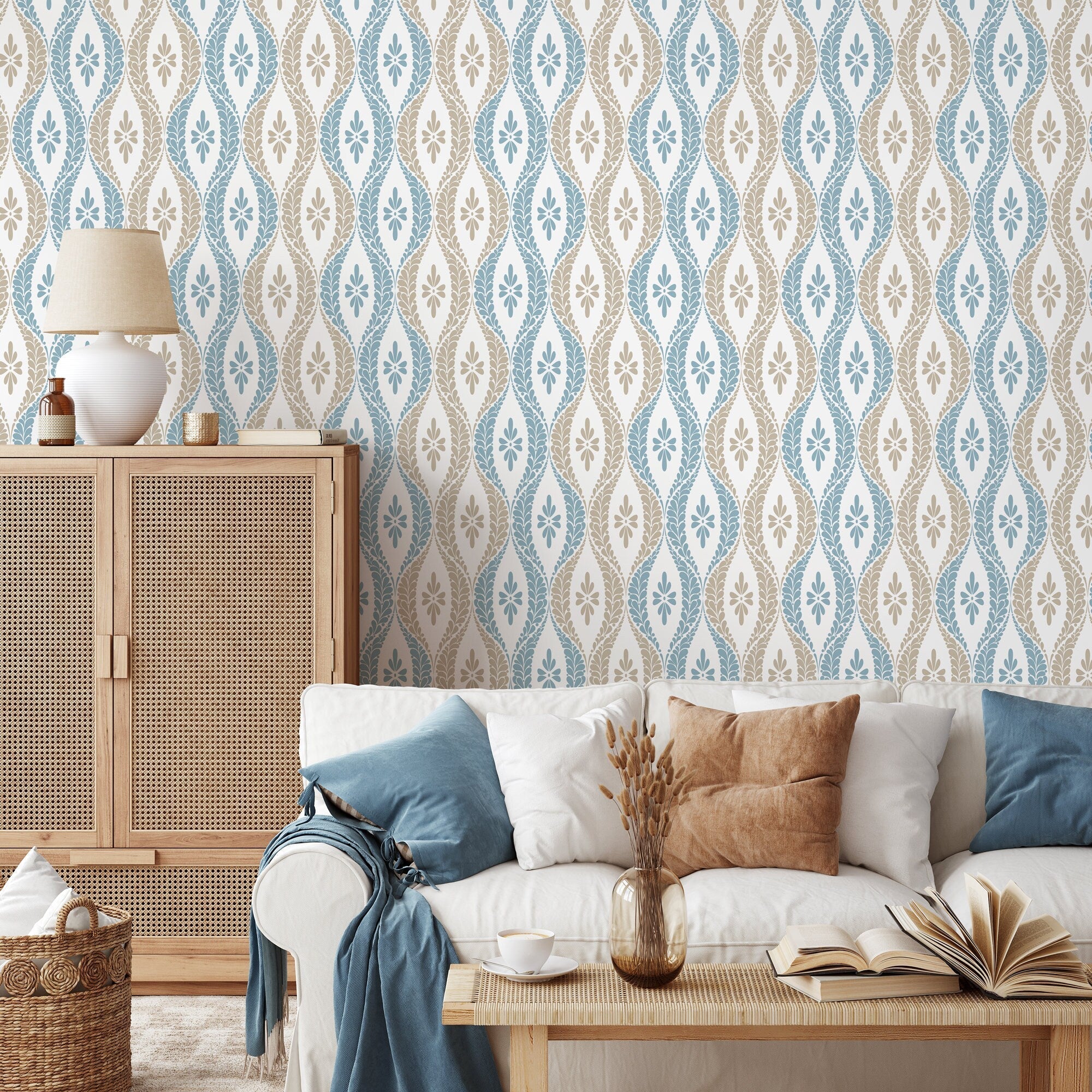 Vintage Wallpaper With A Damask Inspired Motif In Blue And Beige - D172