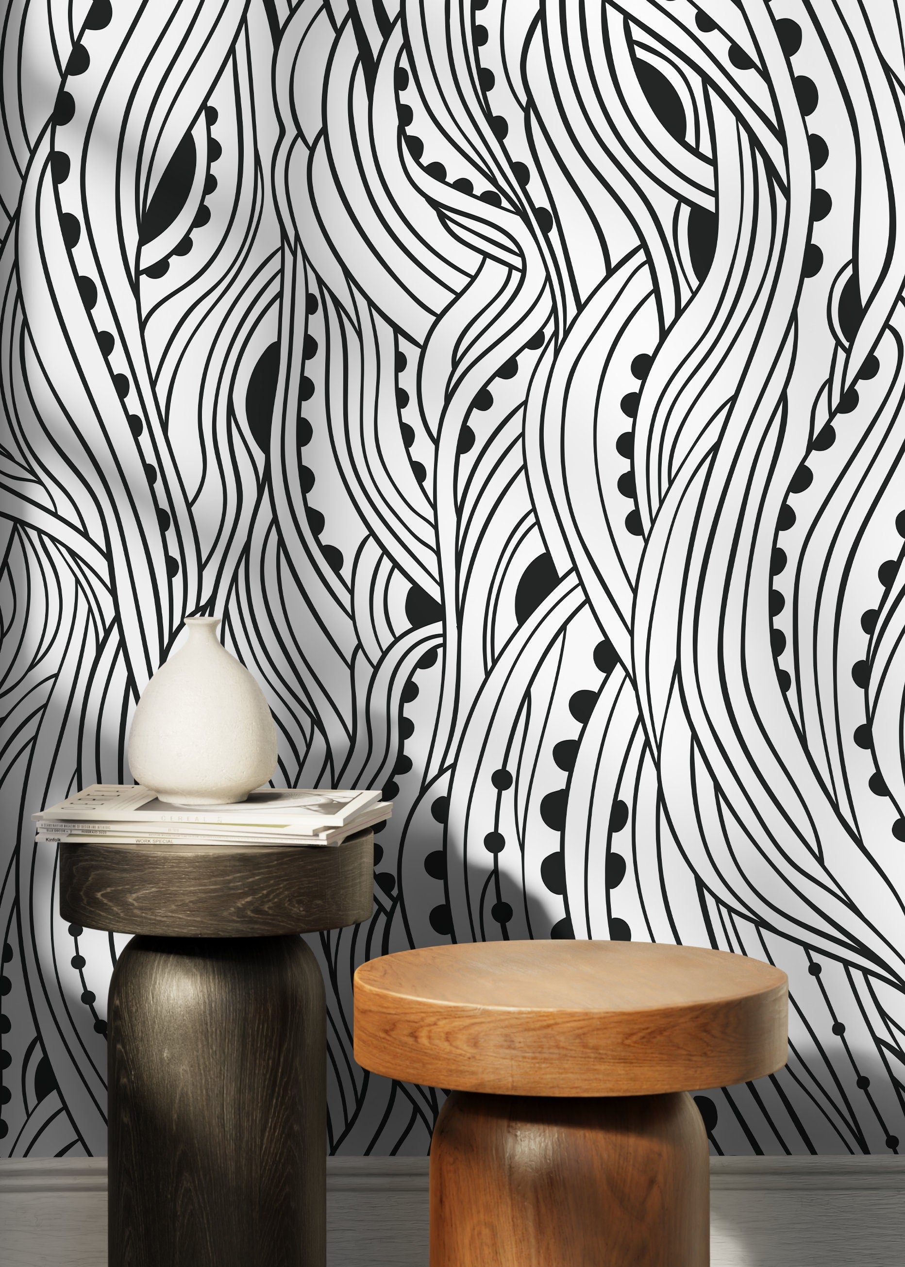 Abstract Wallpaper With Flowing Wavy Lines In Black And White - D176