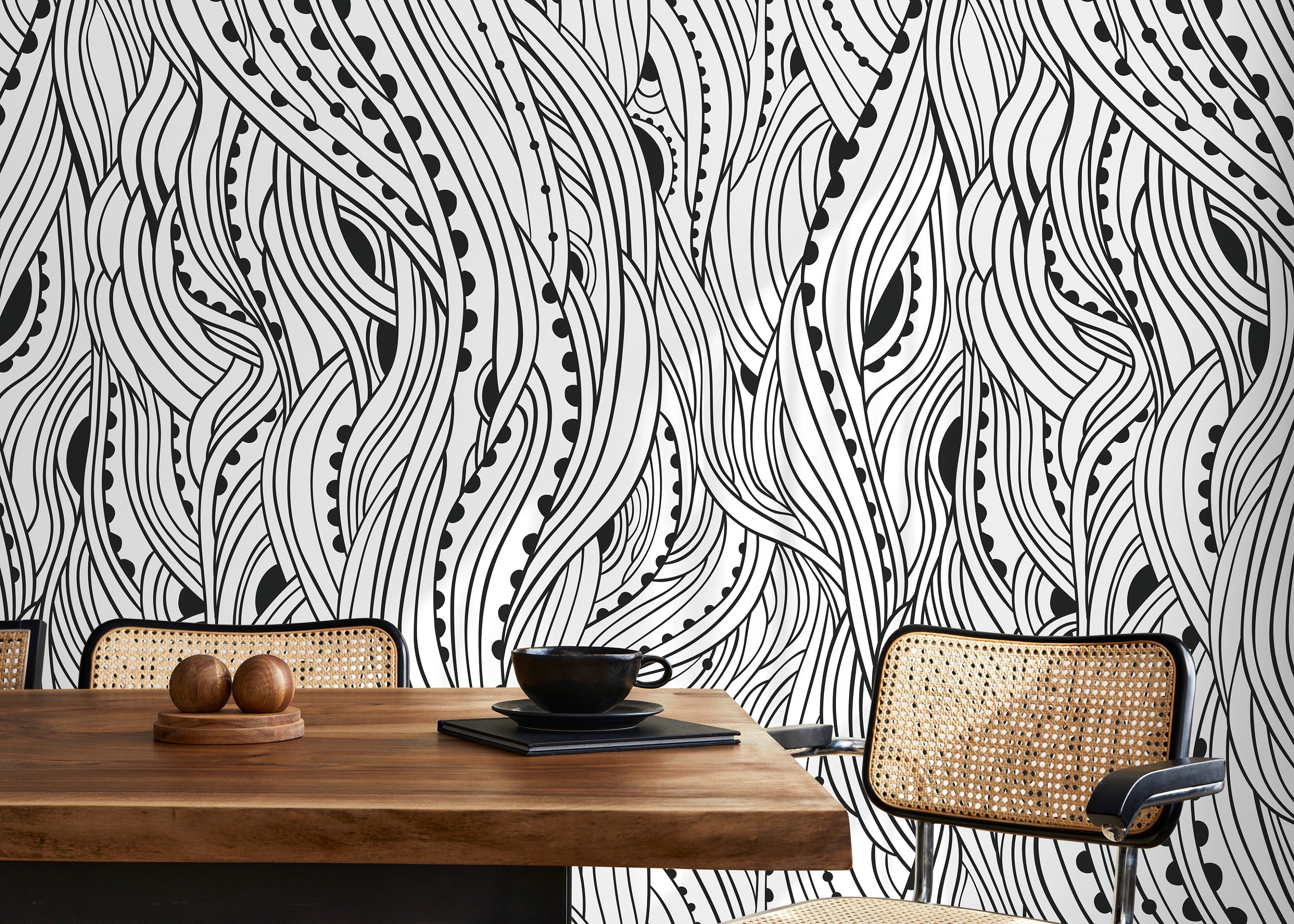 Abstract Wallpaper With Flowing Wavy Lines In Black And White - D176