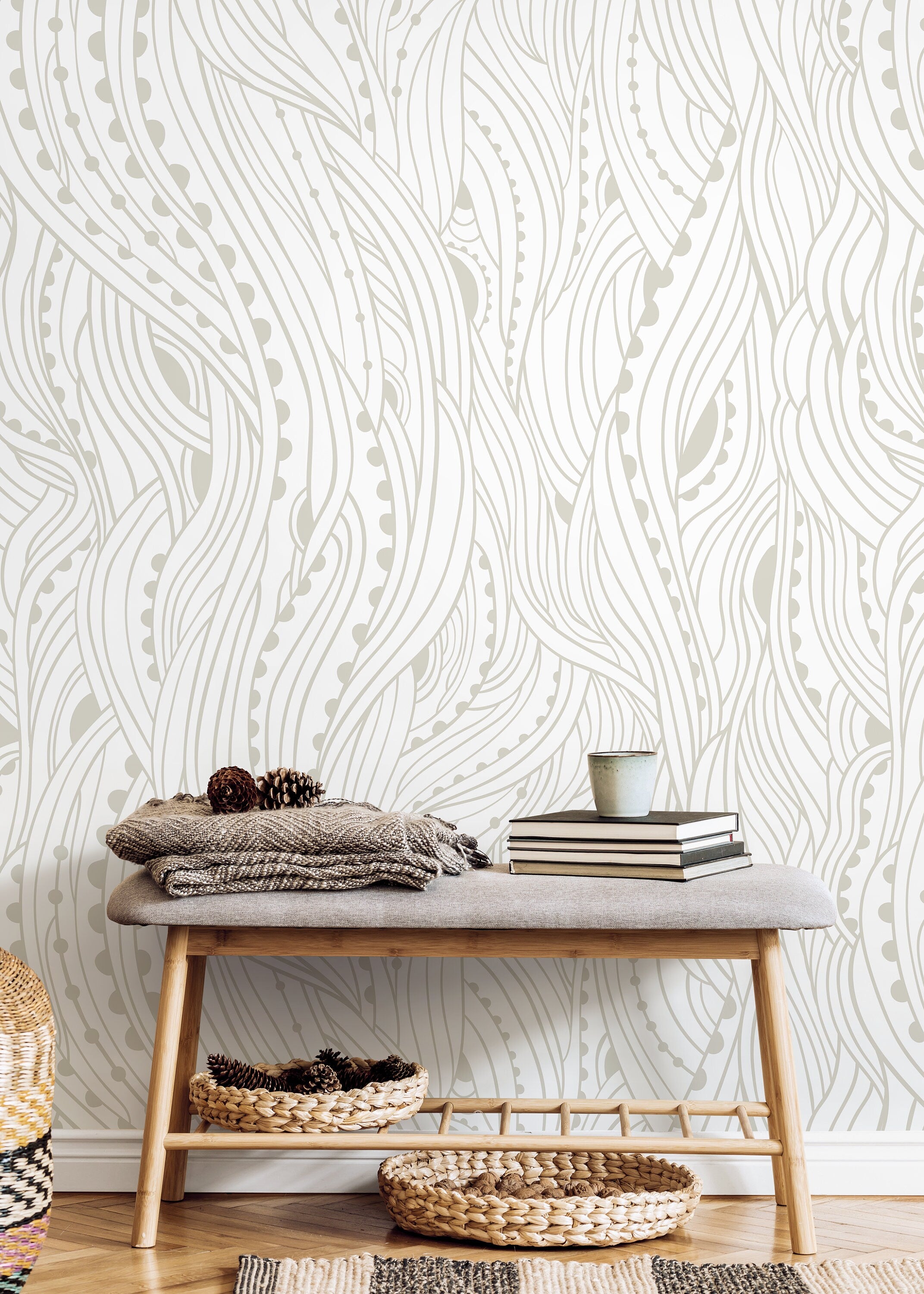 Abstract Wallpaper With Flowing Organic Lines In Neutral Beige - D177