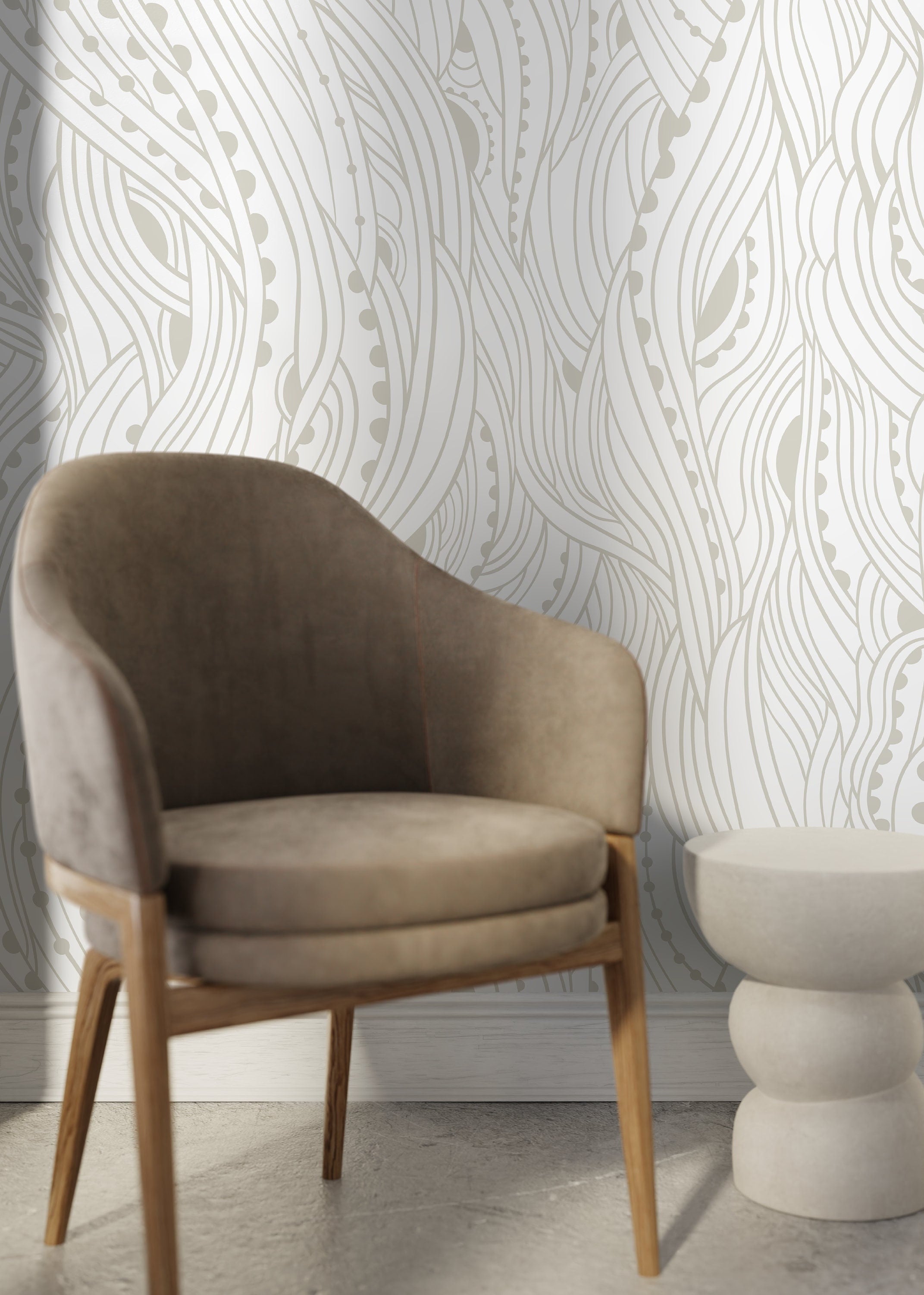 Abstract Wallpaper With Flowing Organic Lines In Neutral Beige - D177