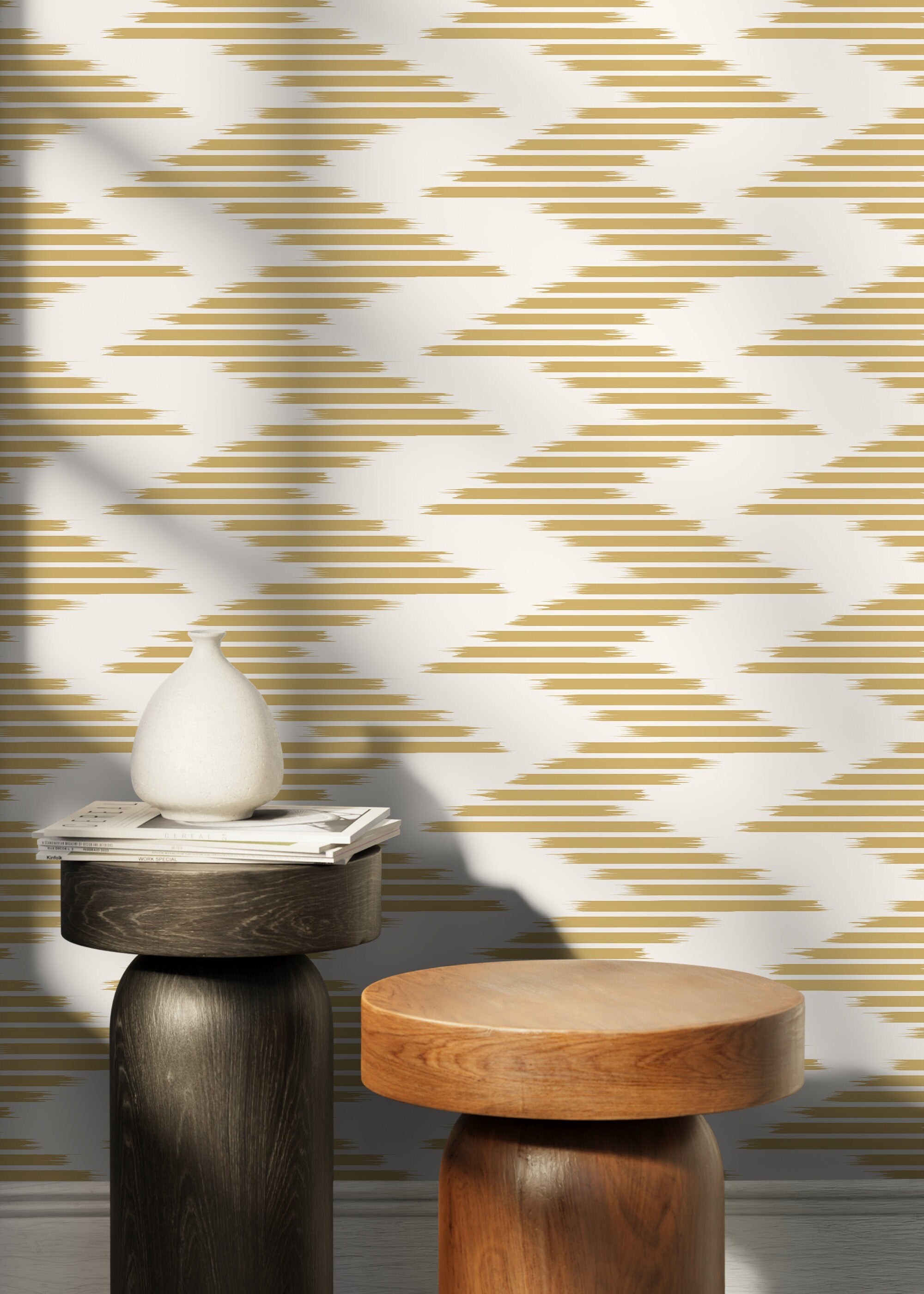 Ikat Wallpaper With A Brushstroke Chevron Motif In Yellow - D207