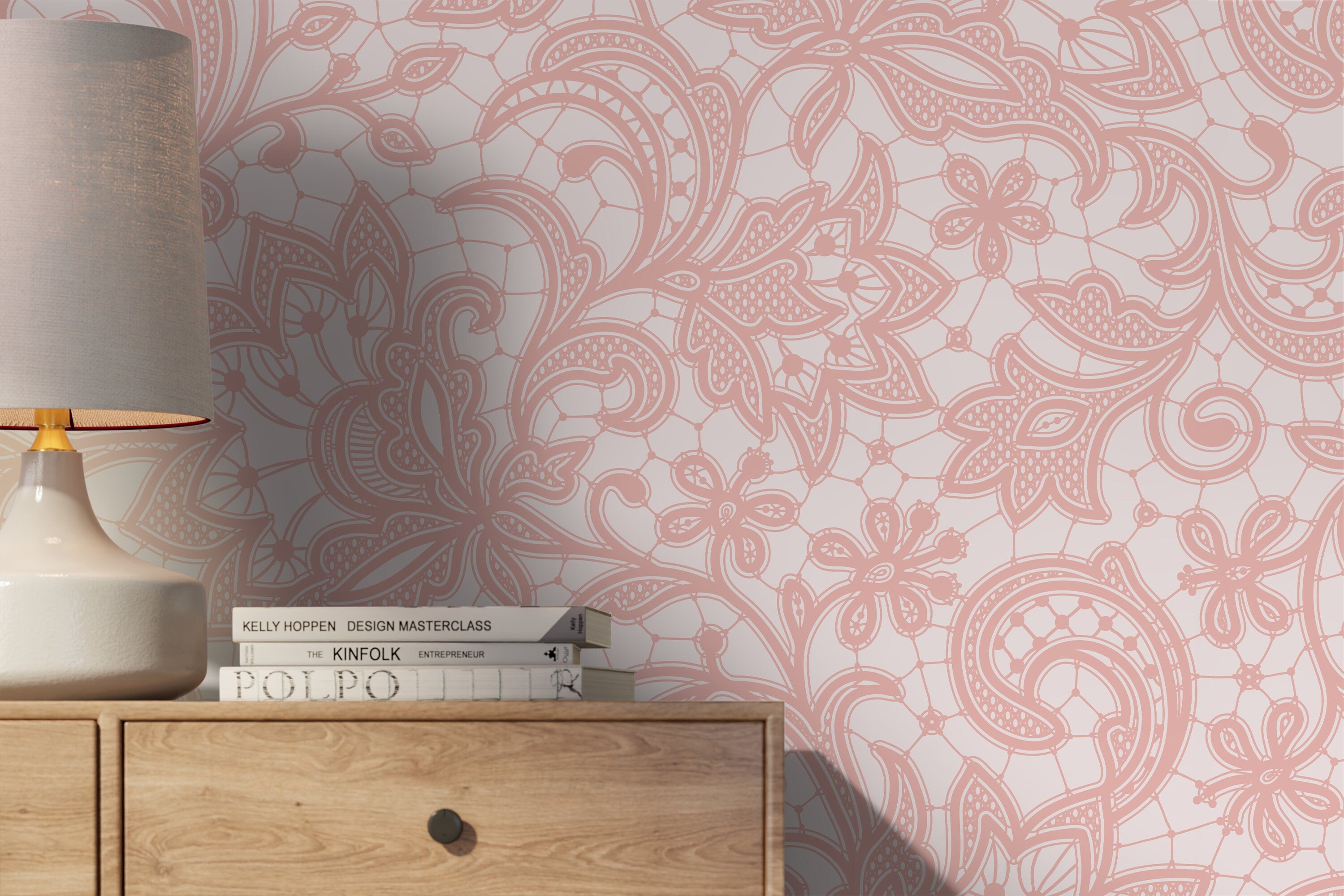 Lace Wallpaper With An Intricate Floral Motif In Pink - D211