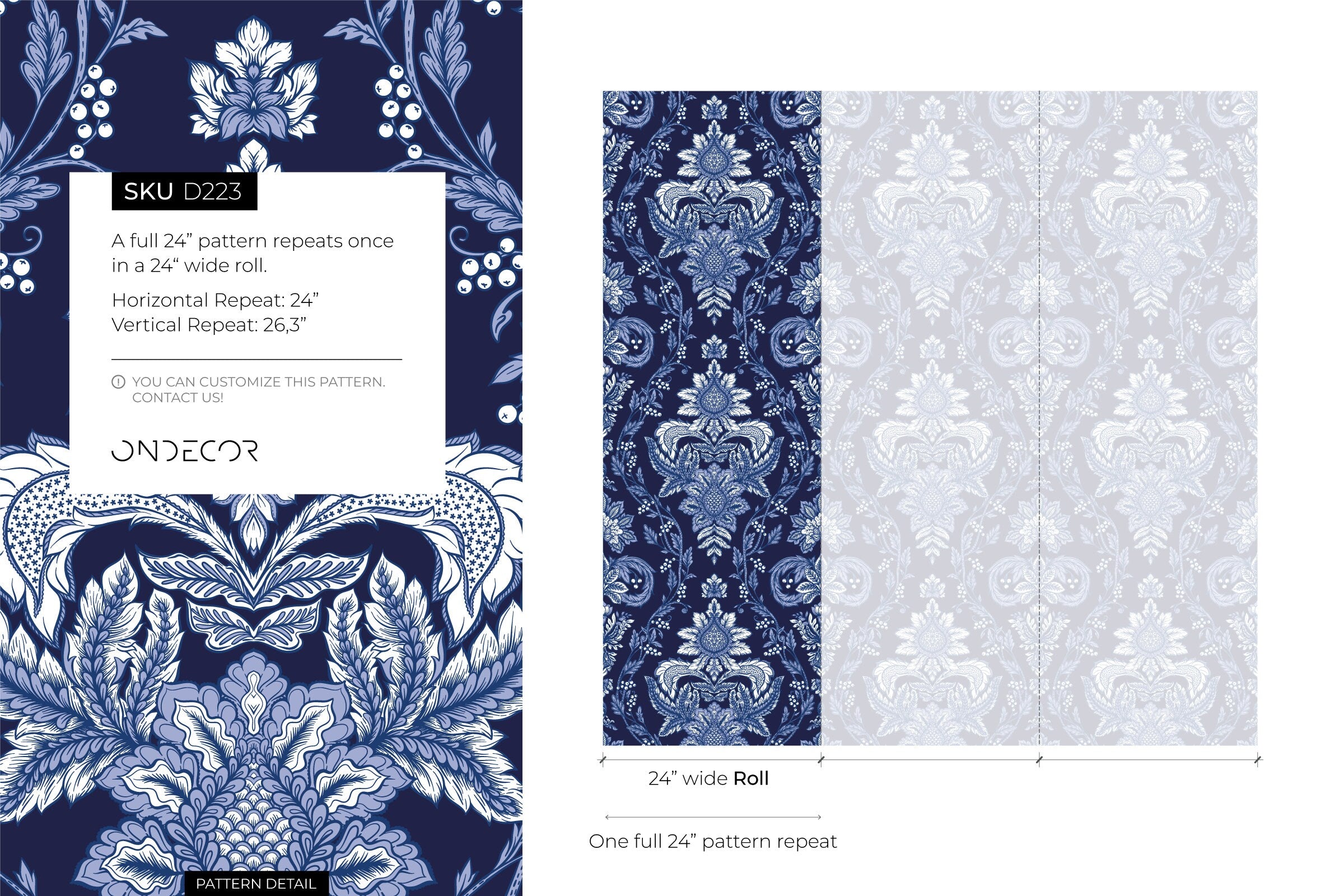 Damask Wallpaper Featuring An Intricate Victorian Motif In Navy Blue, Blue, And White - D223