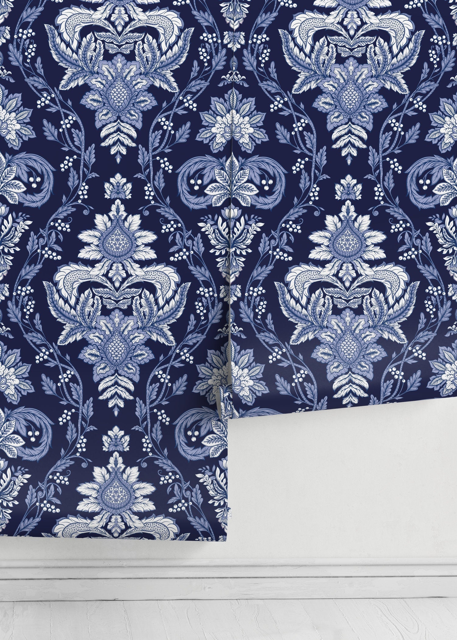 Damask Wallpaper Featuring An Intricate Victorian Motif In Navy Blue, Blue, And White - D223
