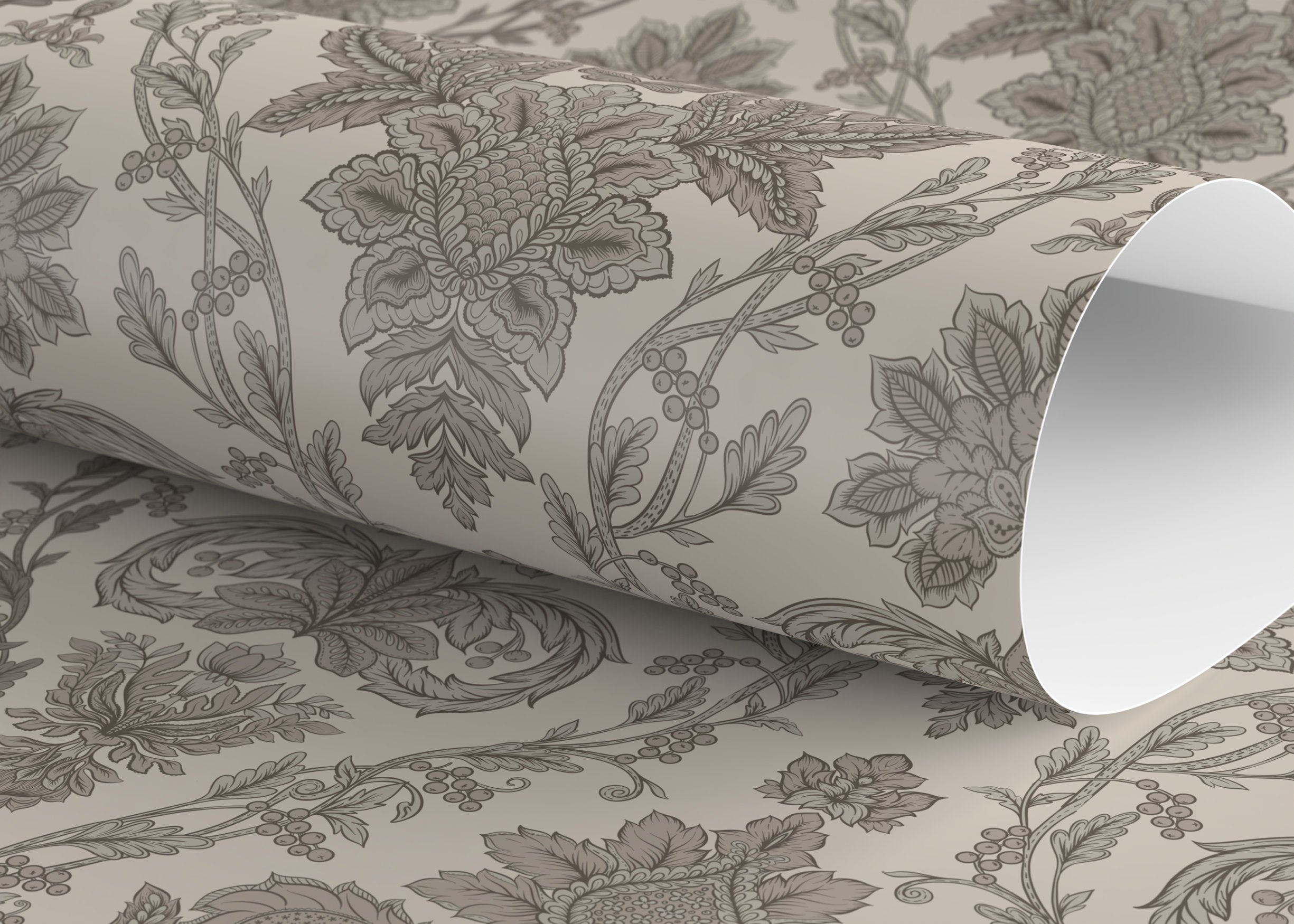 Damask Wallpaper With An Intricate Victorian Motif In Beige And Grey - D226