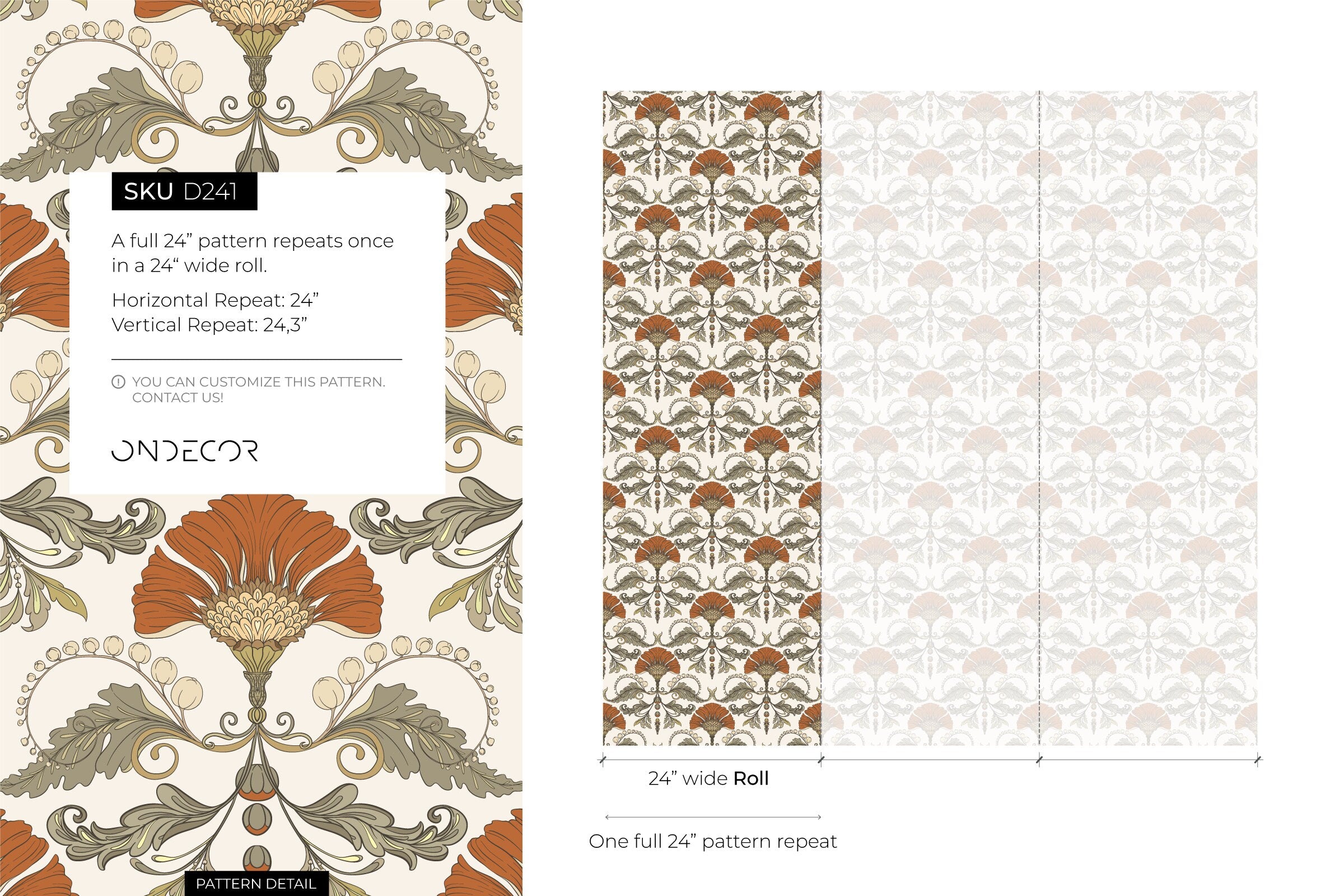 Vintage Wallpaper With A Stylized Floral Damask In Orange, Green, And Cream - D241