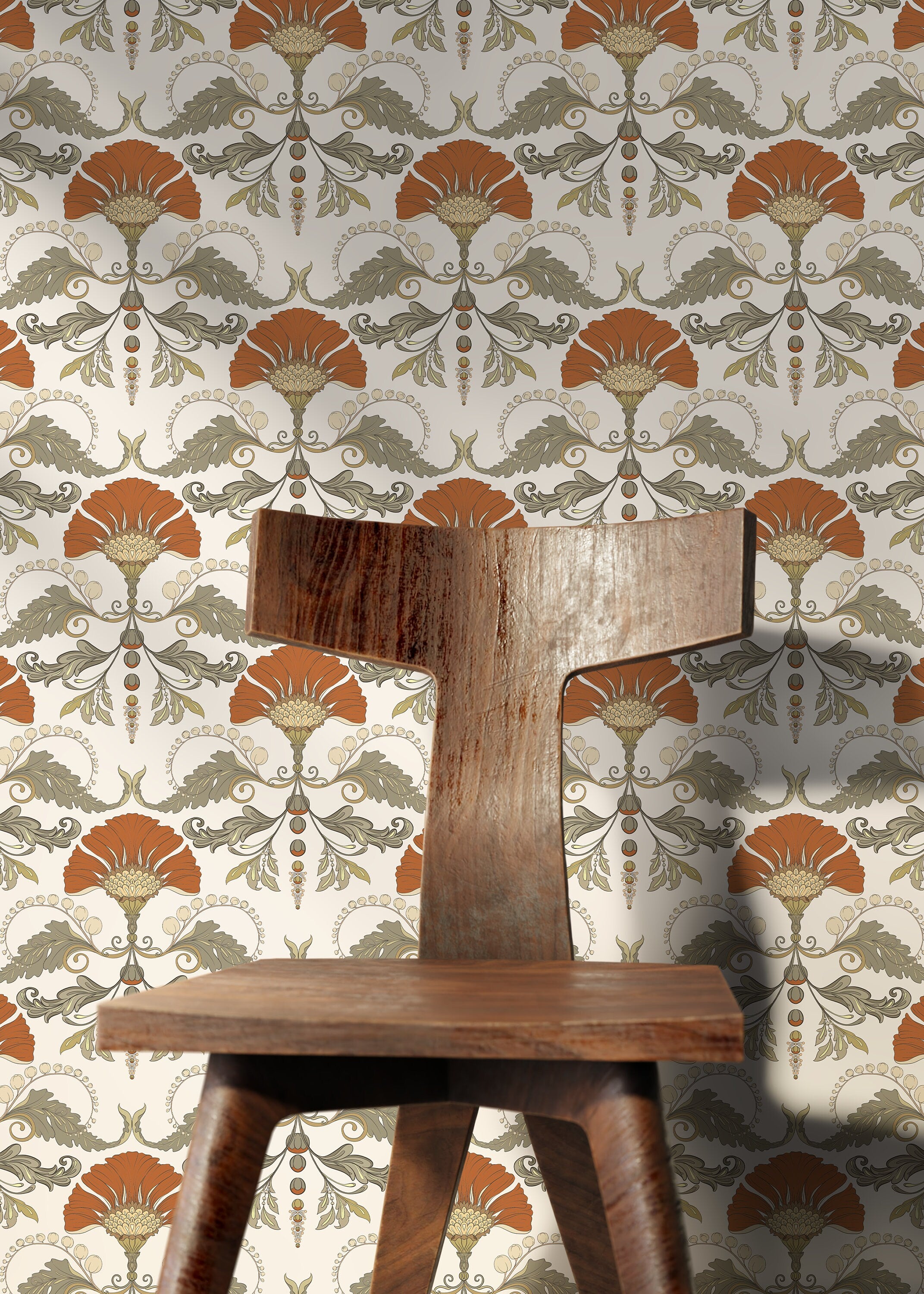 Vintage Wallpaper With A Stylized Floral Damask In Orange, Green, And Cream - D241