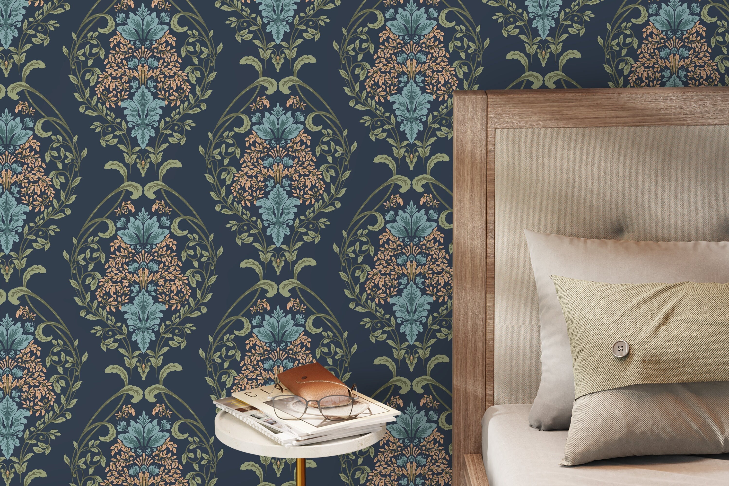 Victorian Floral Wallpaper With A Damask Motif In Blue, Teal, And Peach - D219