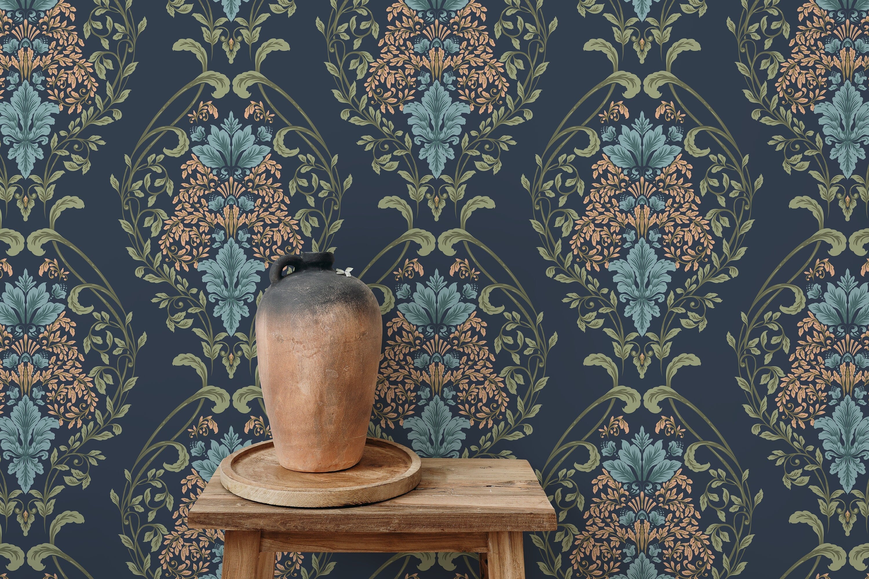 Victorian Floral Wallpaper With A Damask Motif In Blue, Teal, And Peach - D219