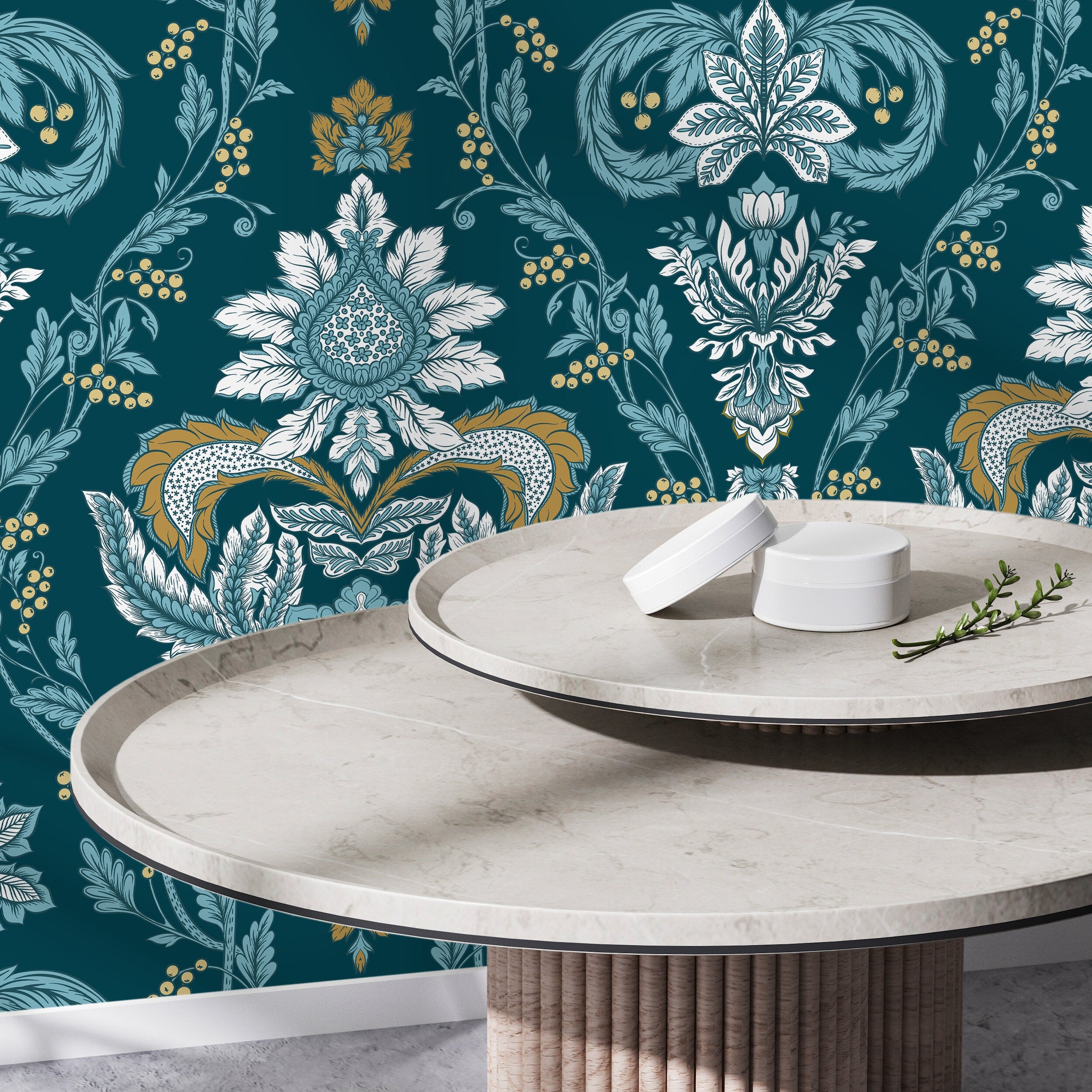 Damask Wallpaper With An Intricate Floral Motif In Teal, Blue, And Gold - D222