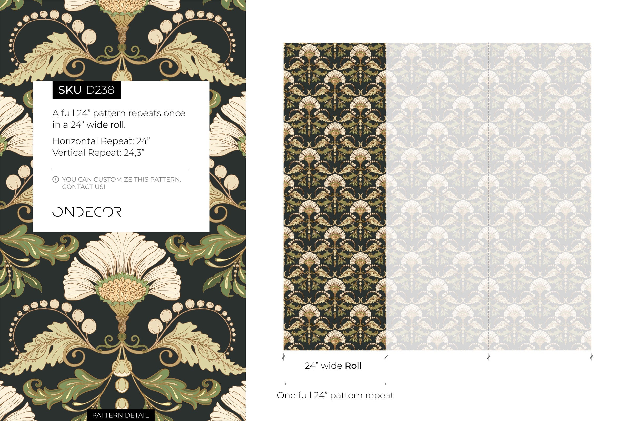 Vintage Wallpaper With A Floral Damask Motif In Green, Beige, And Black - D238