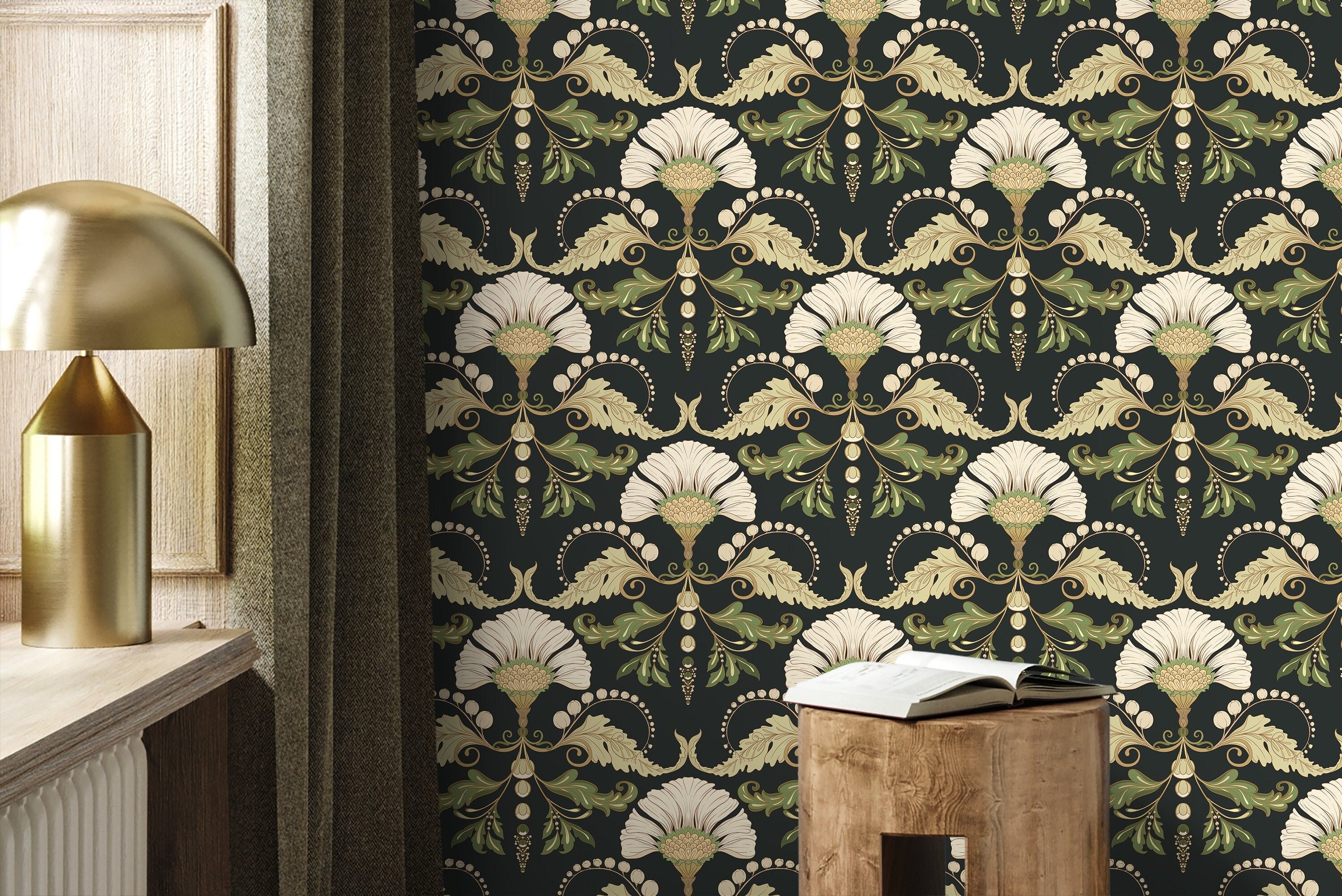 Vintage Wallpaper With A Floral Damask Motif In Green, Beige, And Black - D238