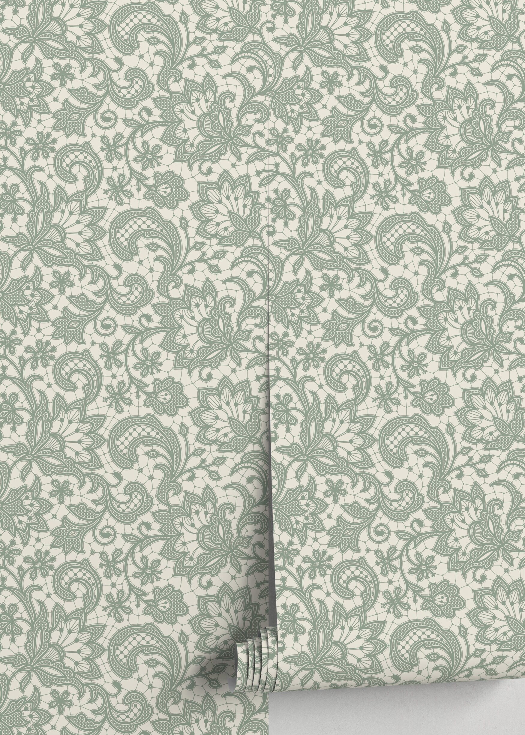 Lace Wallpaper With An Intricate Floral Motif In Mint Green And Cream - D213