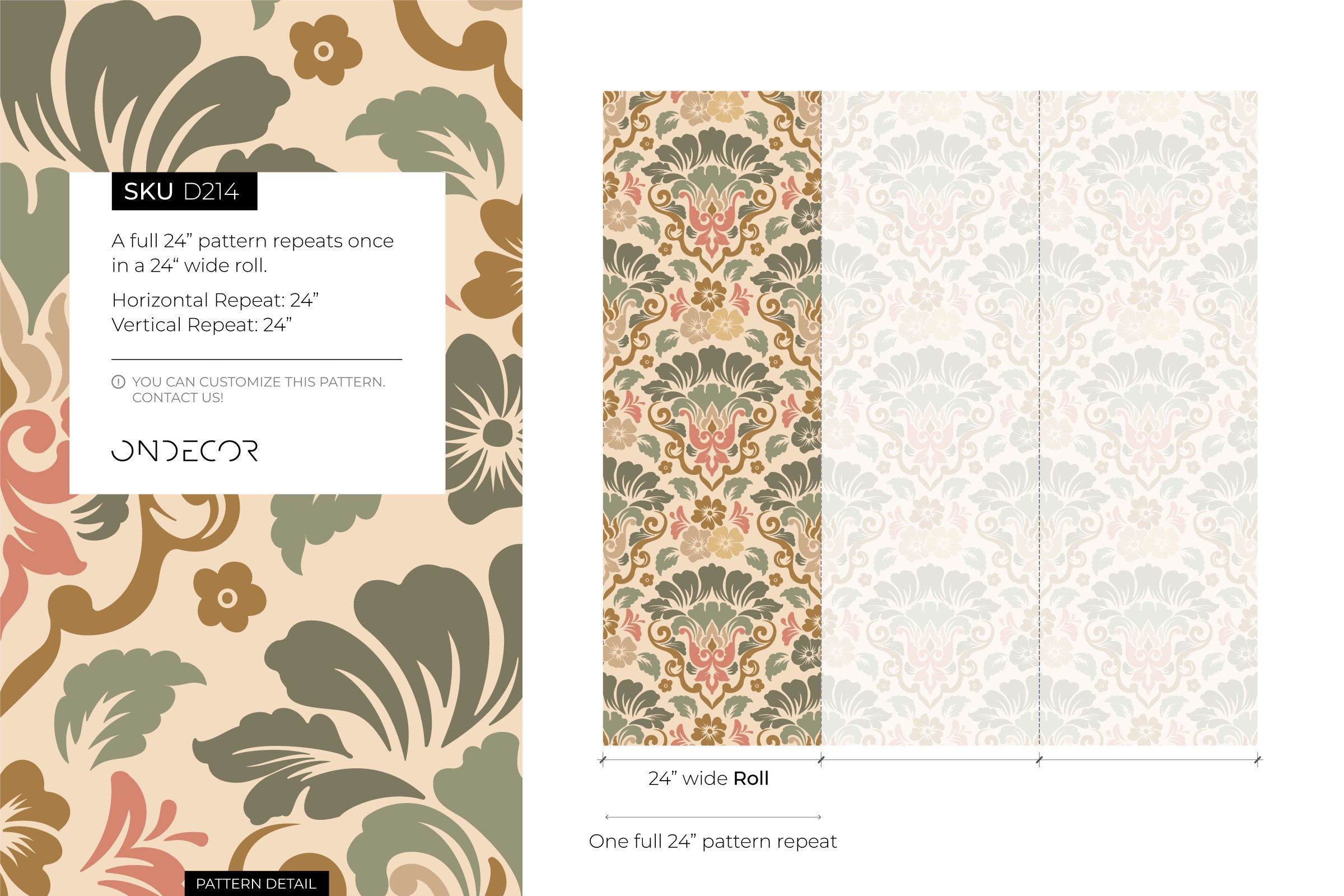 Damask Wallpaper With A Scrolling Floral Motif In Sage, Rose, And Gold - D214