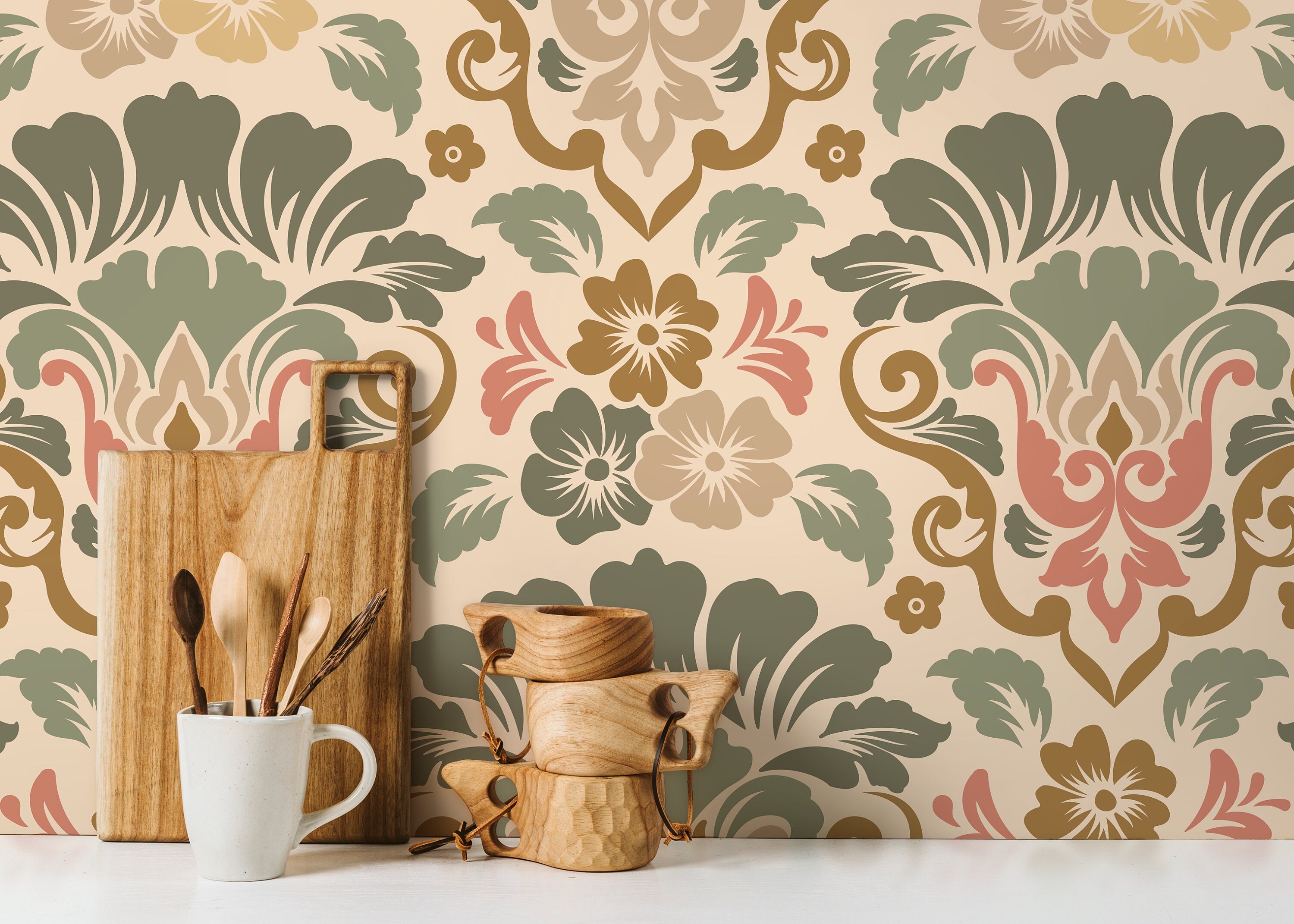Damask Wallpaper With A Scrolling Floral Motif In Sage, Rose, And Gold - D214