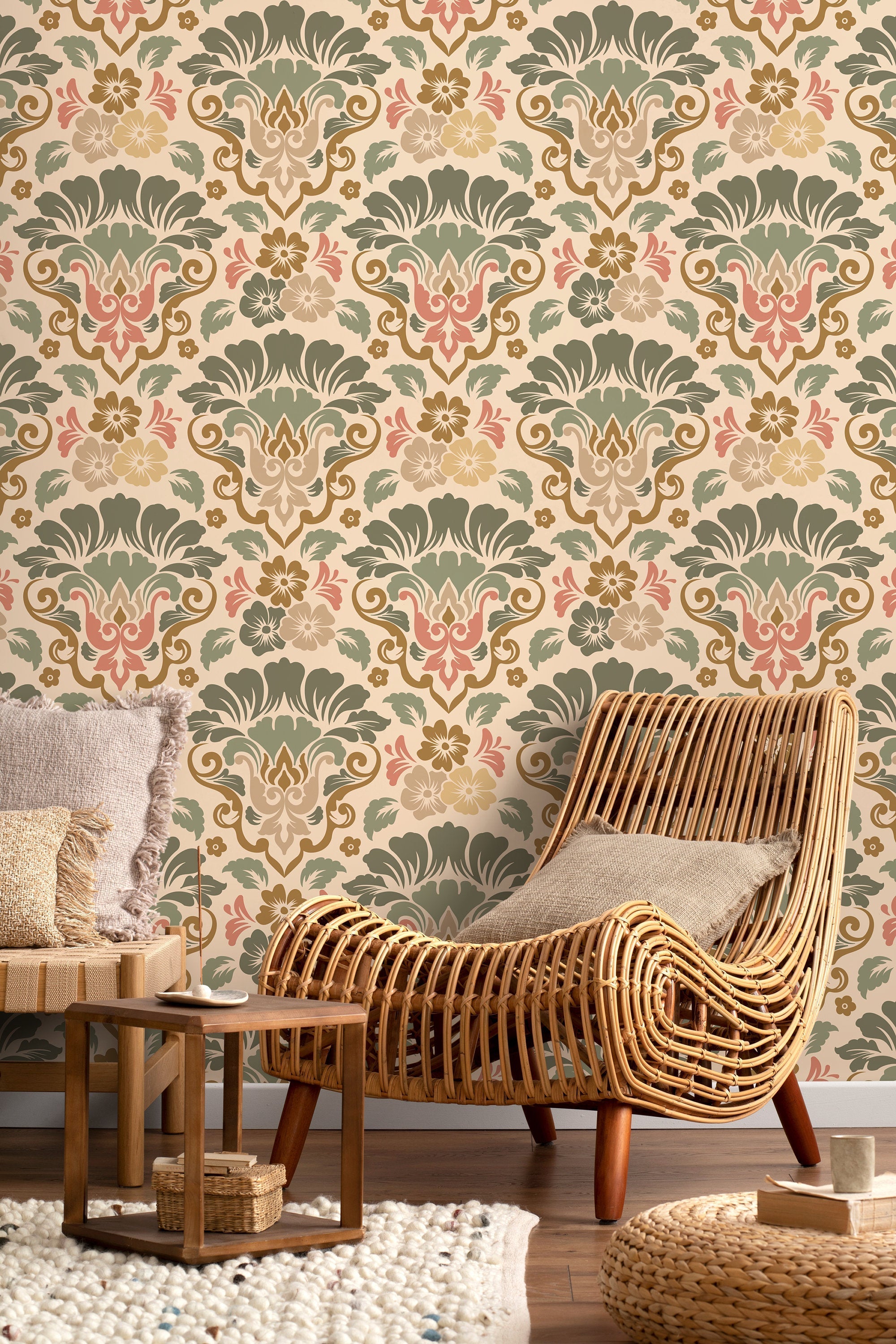 Damask Wallpaper With A Scrolling Floral Motif In Sage, Rose, And Gold - D214