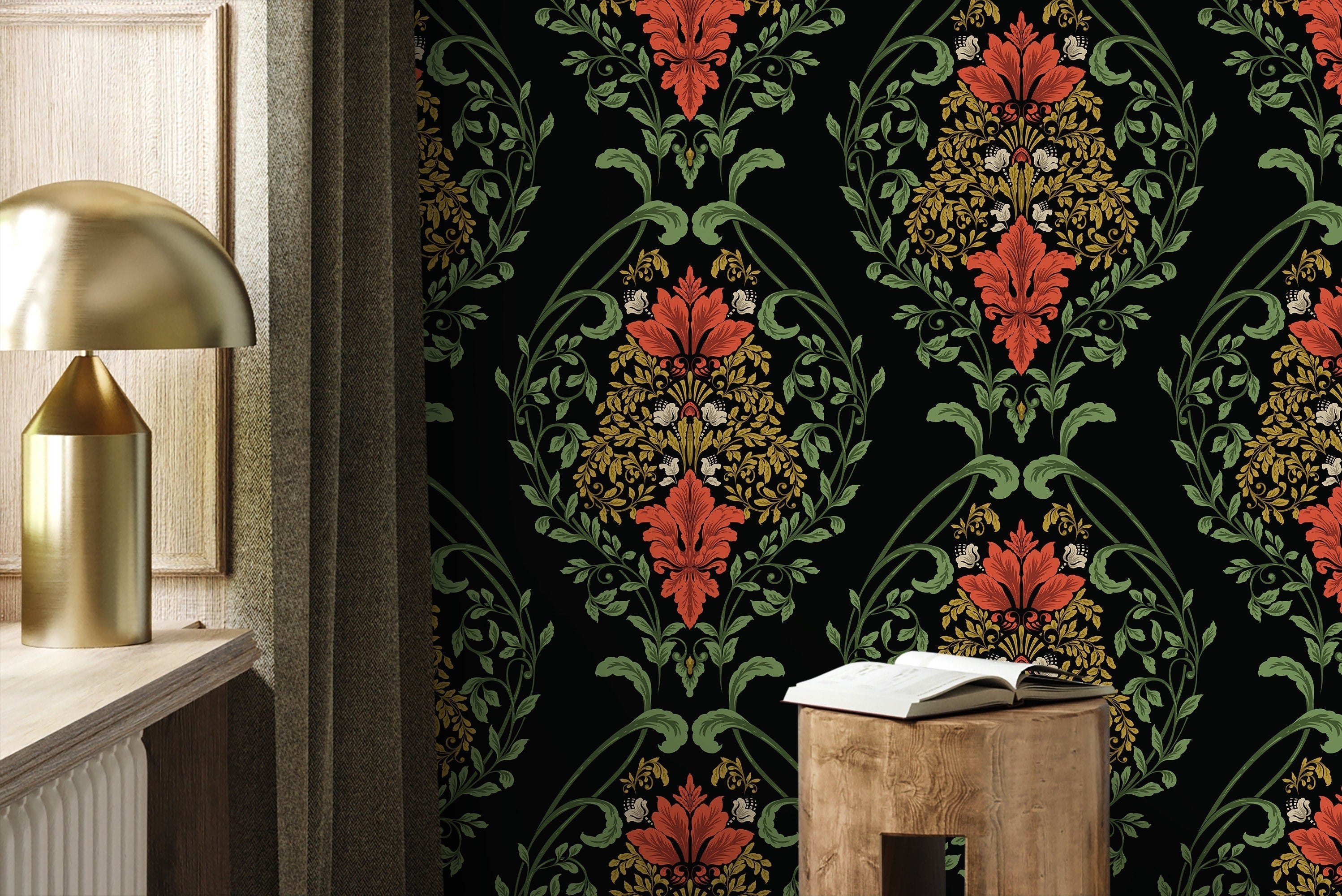 Victorian Floral Wallpaper With A Damask Motif In Red, Green, And Gold - D218