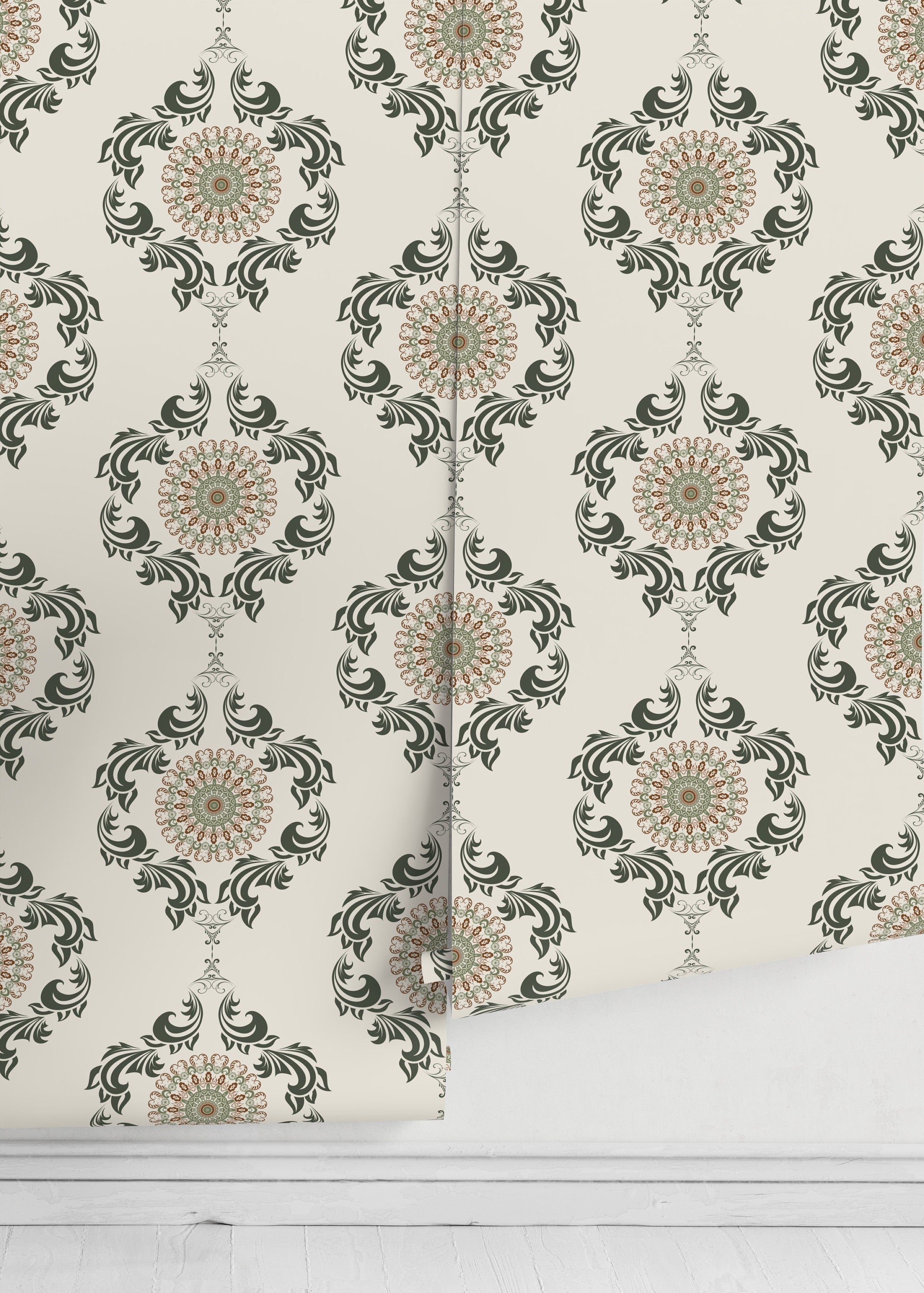 Ornamental Wallpaper With A Mandala And Scrollwork Motif In Green And Brown - D232