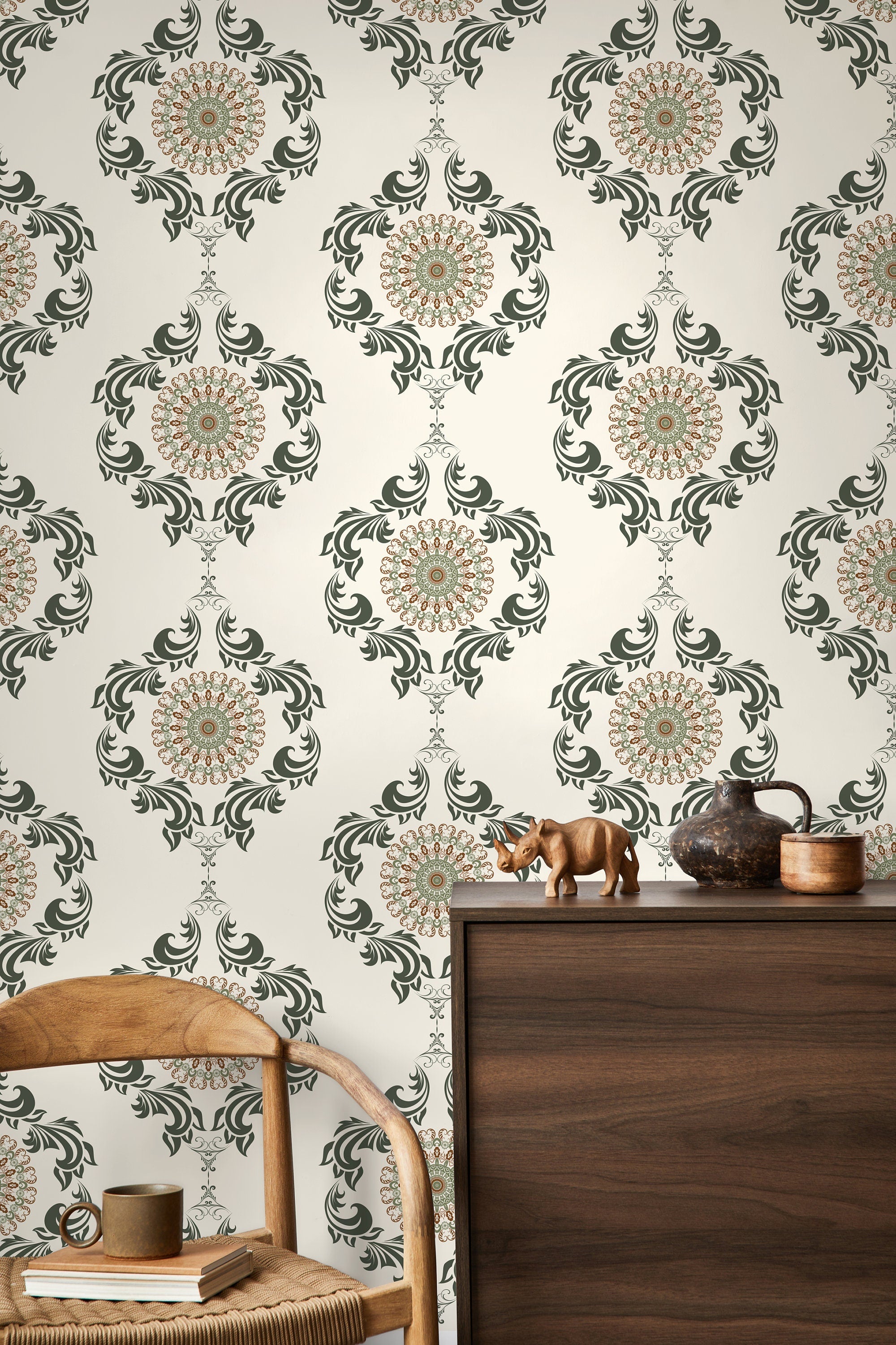 Ornamental Wallpaper With A Mandala And Scrollwork Motif In Green And Brown - D232
